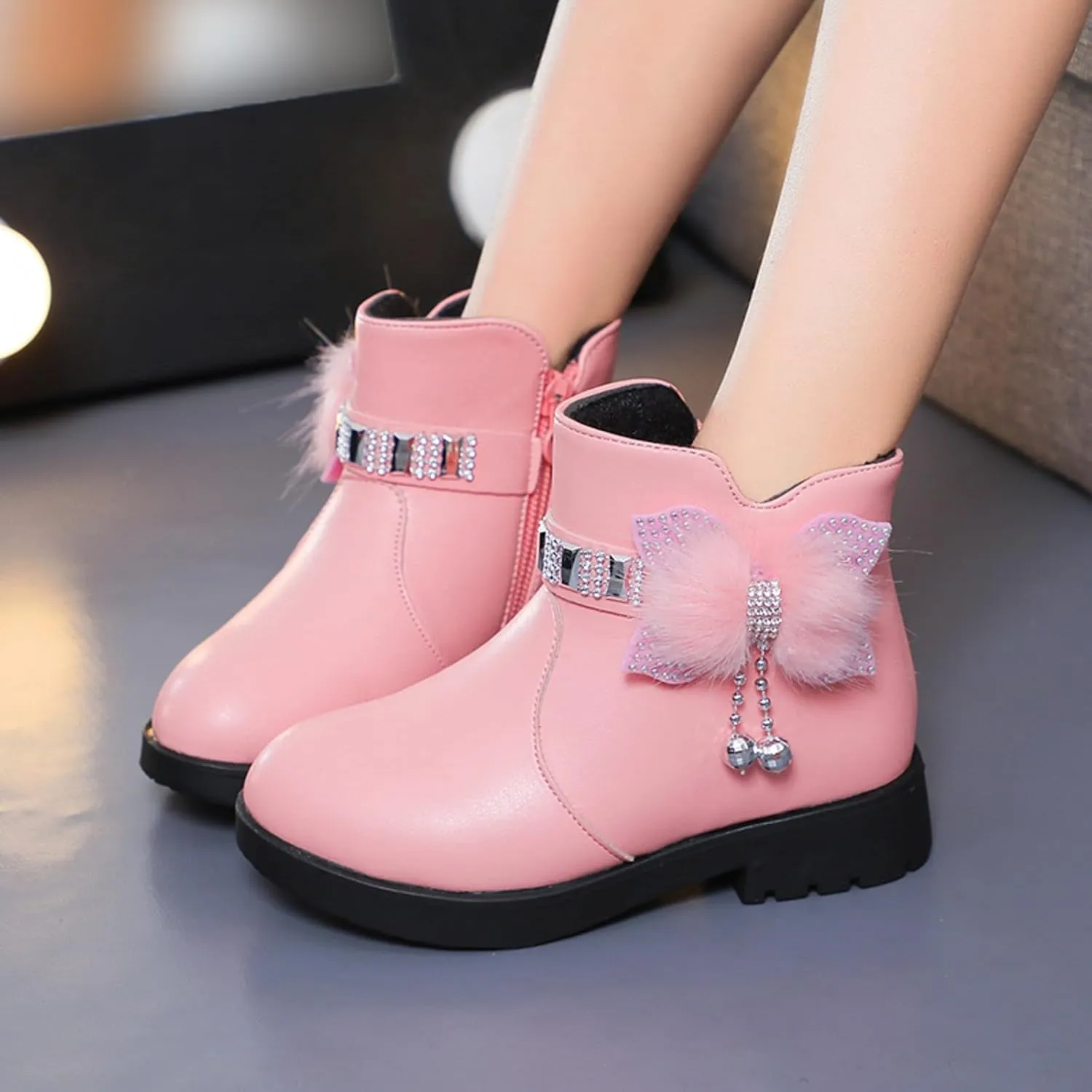 Ankle Boots for Girls Kids Ankle Booties Comfortable Slip on Lug Sole Short Booties Side Zipper Bowknot Dress Shoes