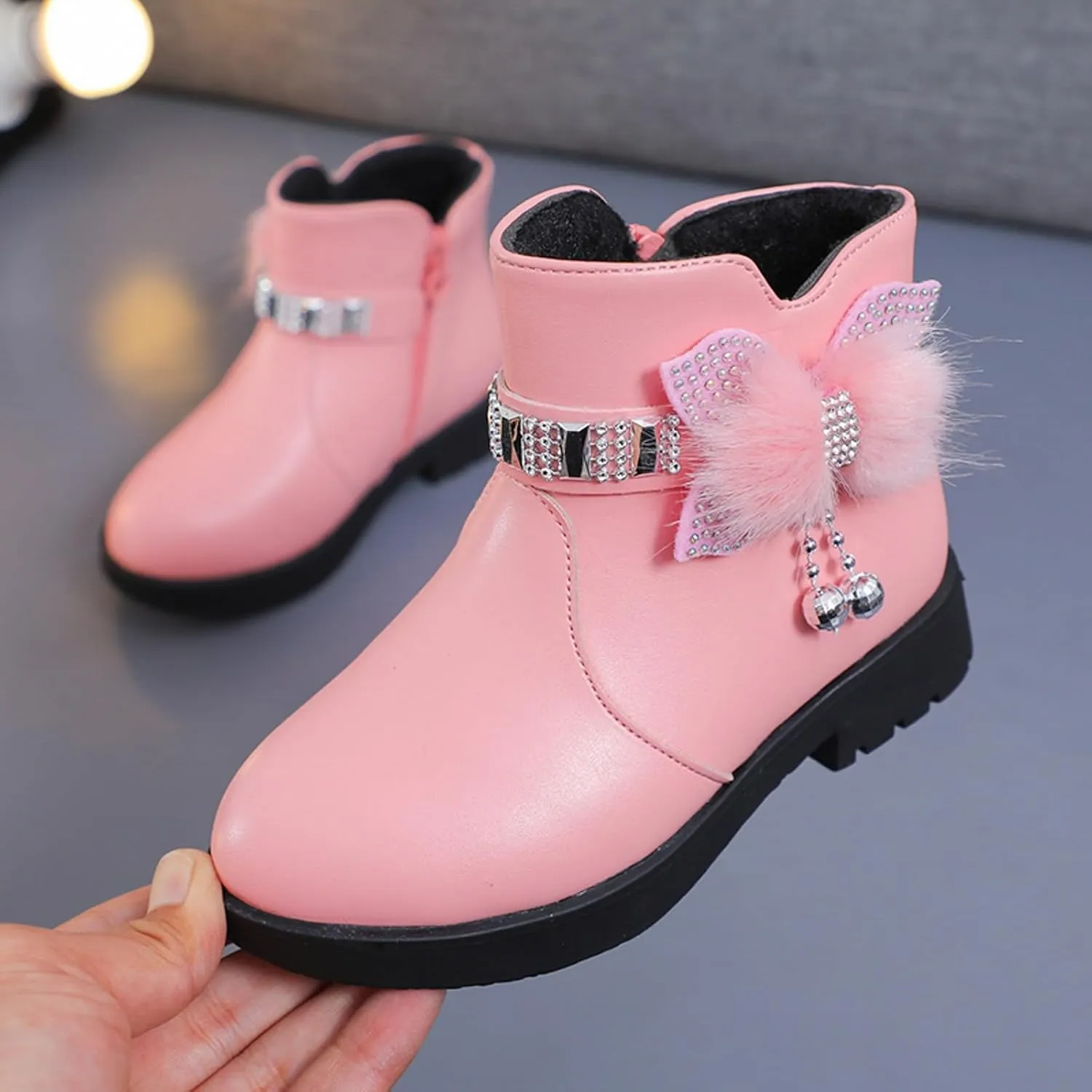 Ankle Boots for Girls Kids Ankle Booties Comfortable Slip on Lug Sole Short Booties Side Zipper Bowknot Dress Shoes