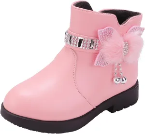 Ankle Boots for Girls Kids Ankle Booties Comfortable Slip on Lug Sole Short Booties Side Zipper Bowknot Dress Shoes