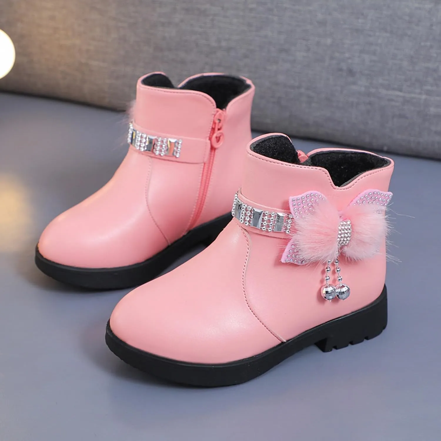 Ankle Boots for Girls Kids Ankle Booties Comfortable Slip on Lug Sole Short Booties Side Zipper Bowknot Dress Shoes