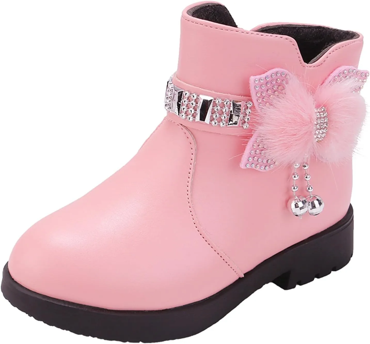 Ankle Boots for Girls Kids Ankle Booties Comfortable Slip on Lug Sole Short Booties Side Zipper Bowknot Dress Shoes
