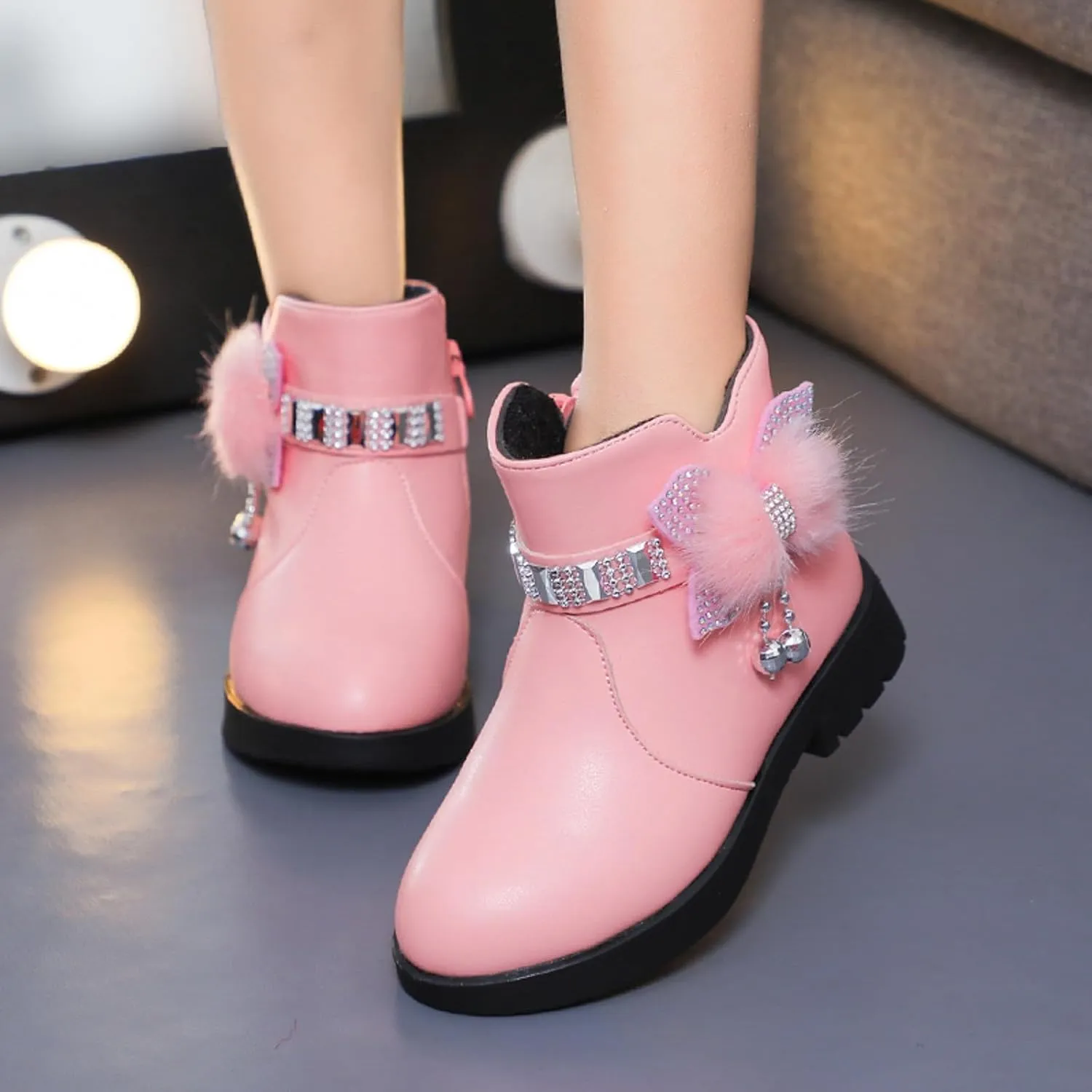 Ankle Boots for Girls Kids Ankle Booties Comfortable Slip on Lug Sole Short Booties Side Zipper Bowknot Dress Shoes