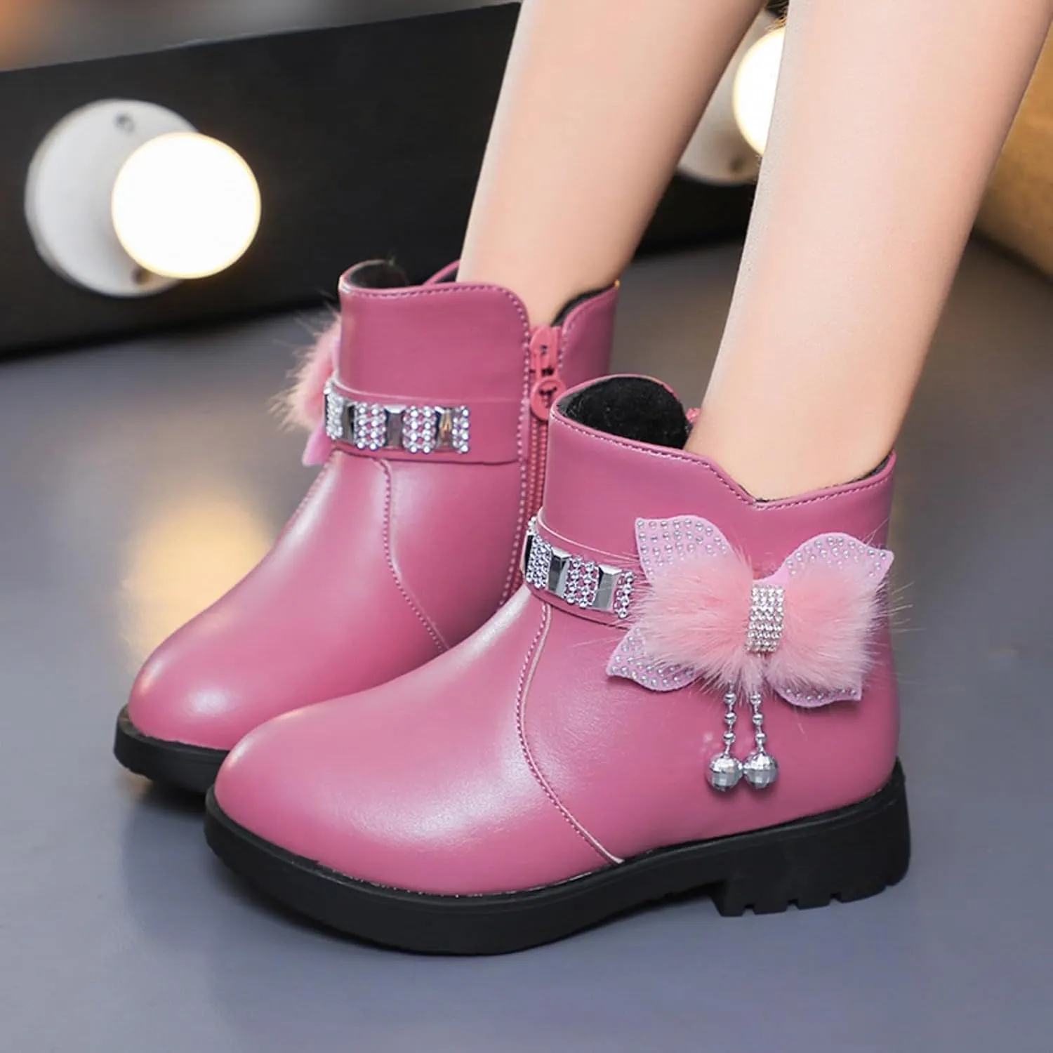 Ankle Boots for Girls Kids Ankle Booties Comfortable Slip on Lug Sole Short Booties Side Zipper Bowknot Dress Shoes