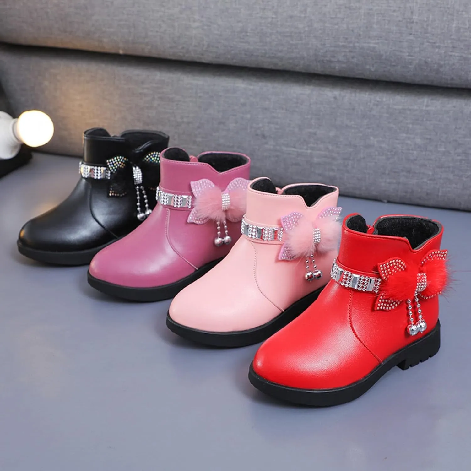 Ankle Boots for Girls Kids Ankle Booties Comfortable Slip on Lug Sole Short Booties Side Zipper Bowknot Dress Shoes