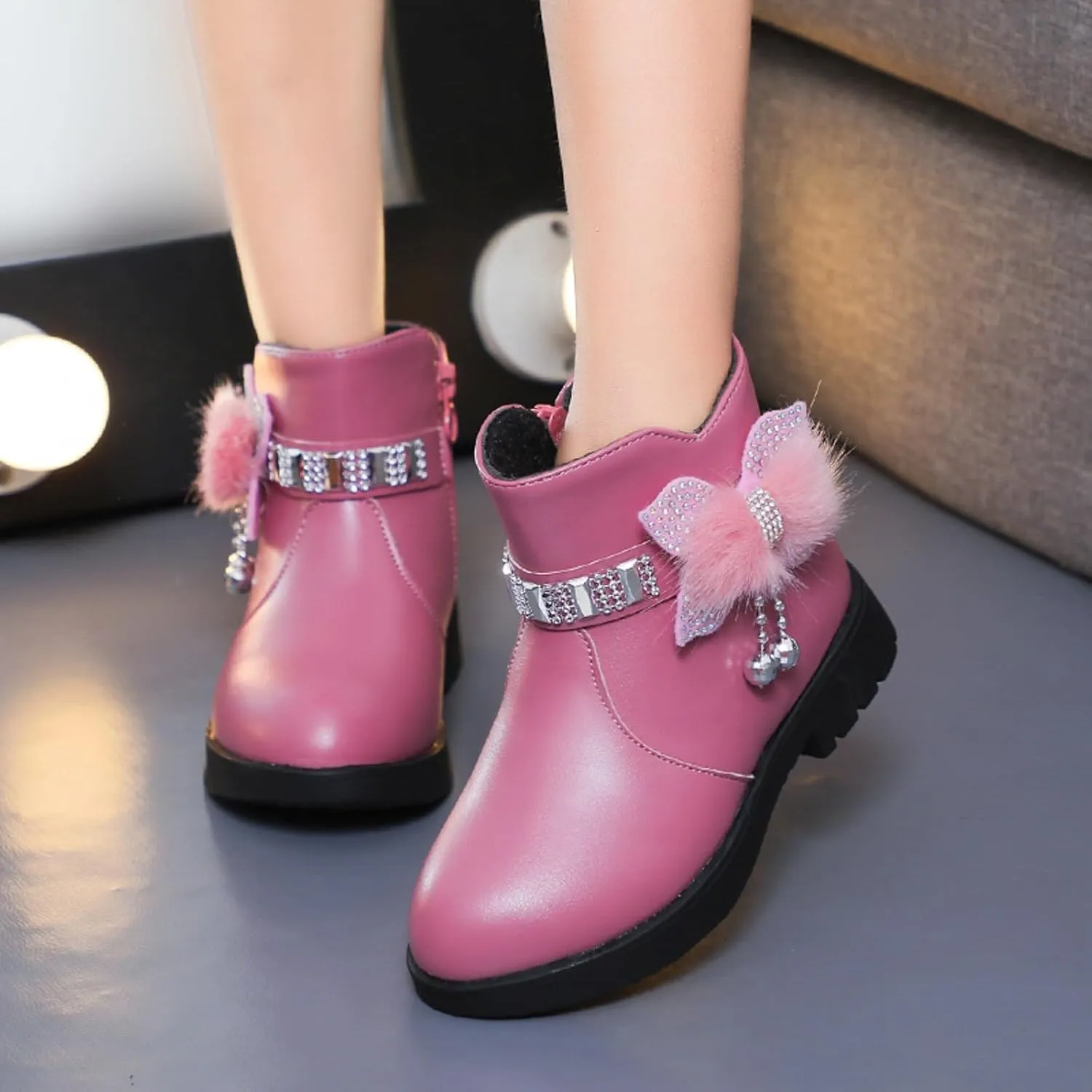 Ankle Boots for Girls Kids Ankle Booties Comfortable Slip on Lug Sole Short Booties Side Zipper Bowknot Dress Shoes