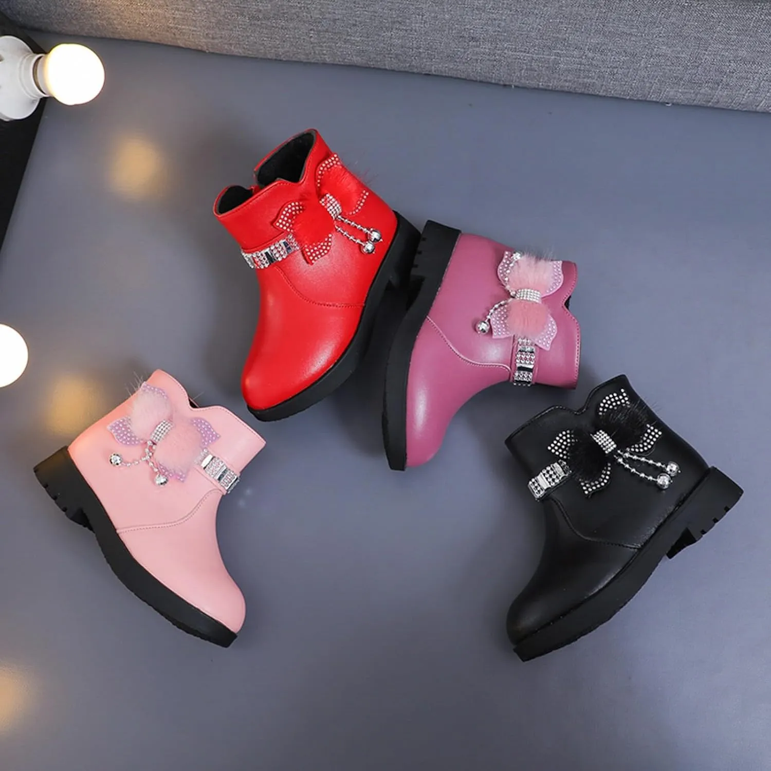 Ankle Boots for Girls Kids Ankle Booties Comfortable Slip on Lug Sole Short Booties Side Zipper Bowknot Dress Shoes