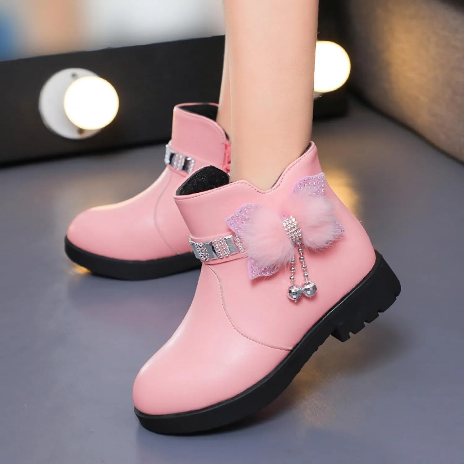Ankle Boots for Girls Kids Ankle Booties Comfortable Slip on Lug Sole Short Booties Side Zipper Bowknot Dress Shoes