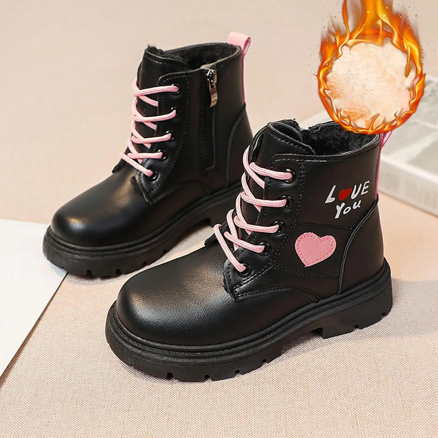 Ankle Boots for Girls Lace up Combat Boots Fashion Fuax Fur Lining Snow Boot Warm Anti-Slip Outdoor Short Winter Shoes