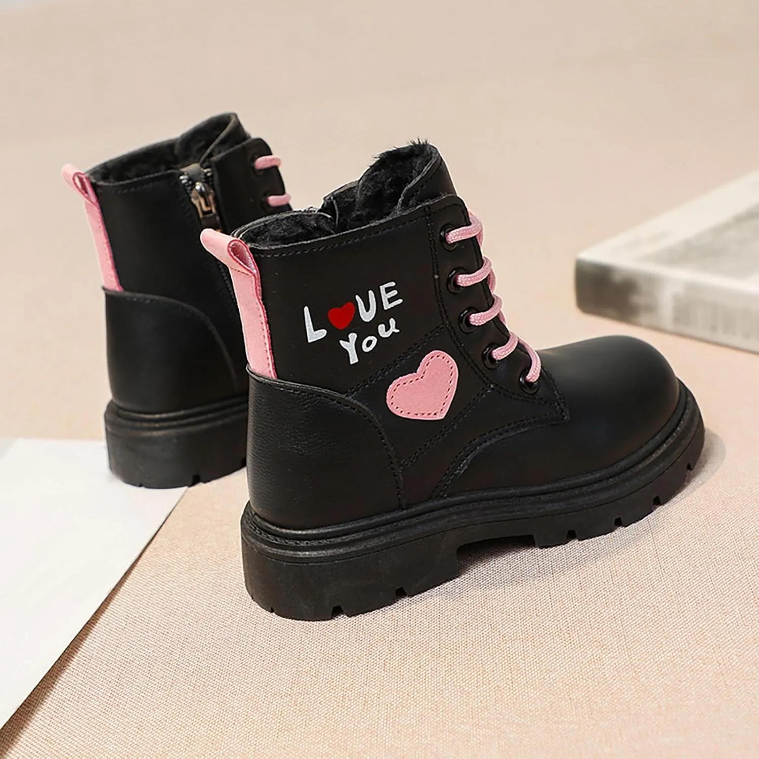 Ankle Boots for Girls Lace up Combat Boots Fashion Fuax Fur Lining Snow Boot Warm Anti-Slip Outdoor Short Winter Shoes