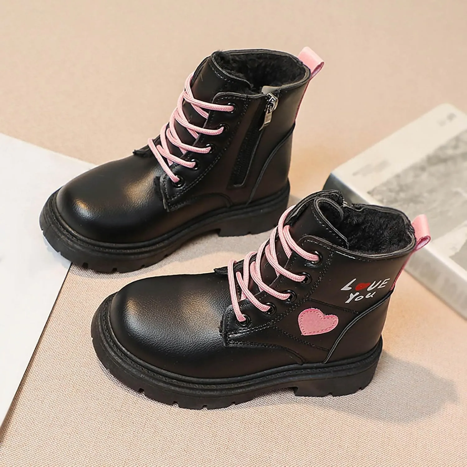 Ankle Boots for Girls Lace up Combat Boots Fashion Fuax Fur Lining Snow Boot Warm Anti-Slip Outdoor Short Winter Shoes