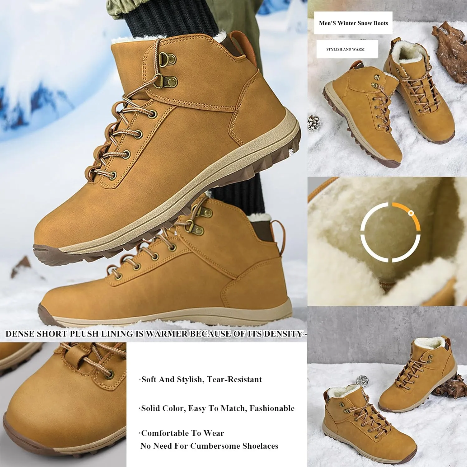 AUNTHUI Unisex Waterproof Snow Boots Fully Fur Lined Outdoor Booties,Winter Fleece Warm Anti-Slip Work Fashion Hiking Boots