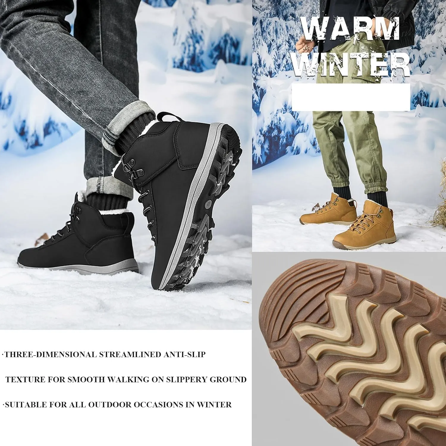 AUNTHUI Unisex Waterproof Snow Boots Fully Fur Lined Outdoor Booties,Winter Fleece Warm Anti-Slip Work Fashion Hiking Boots