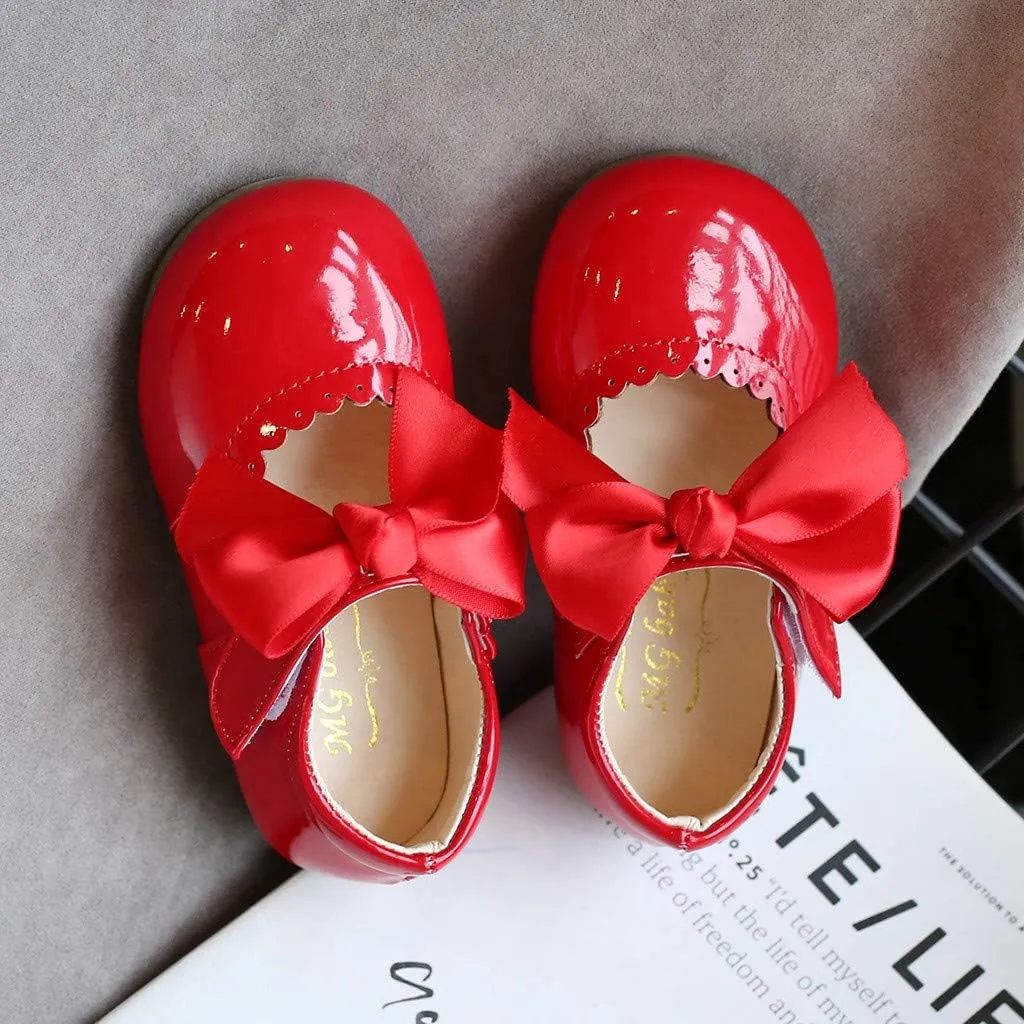 Baby Girls Mary-Jane Flat Shoes Anti-Slip Rubber Sole Infant Toddler Princess Wedding Dress Shoes Leather Shoes (Red, 15-18 Months)