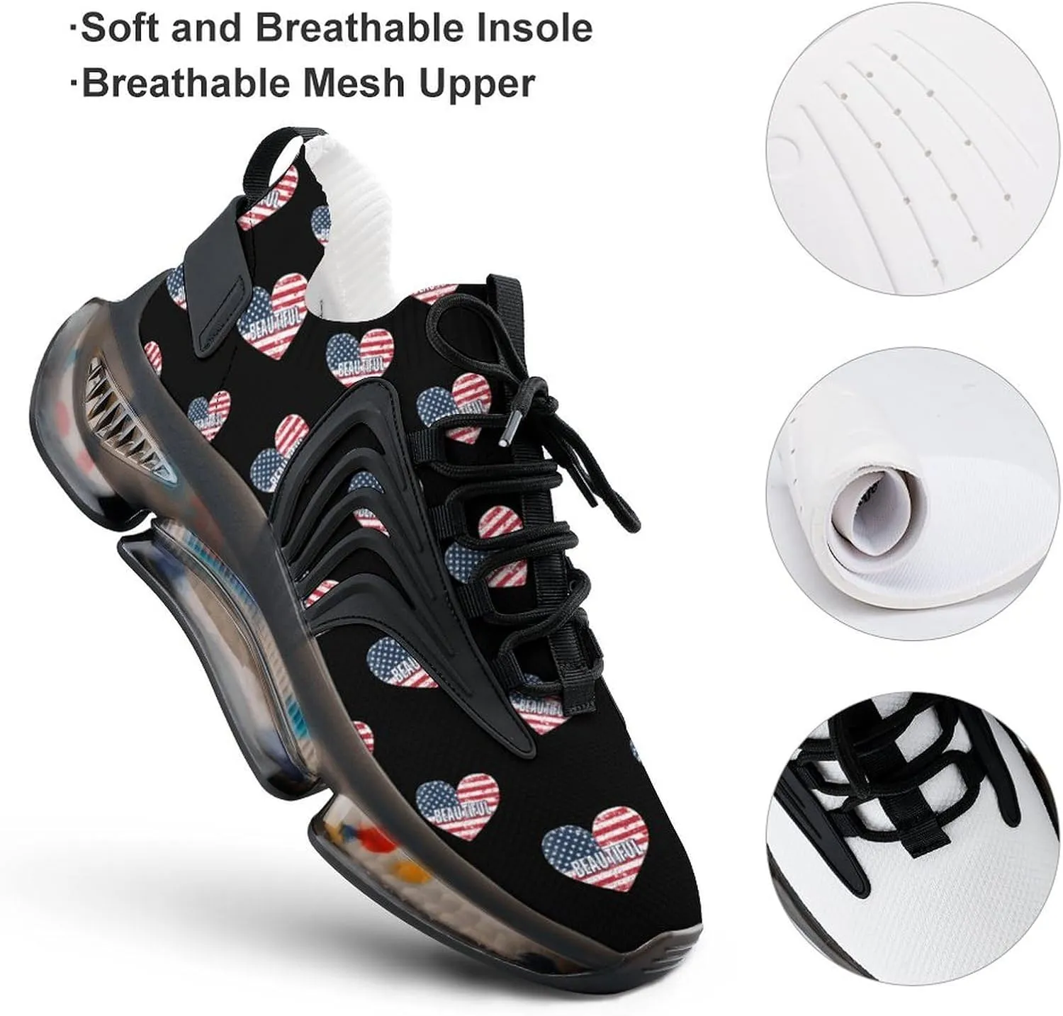 Beautiful American Heart Flag Men's Running Shoes Lightweight Walking Shoe Breathable Sneaker