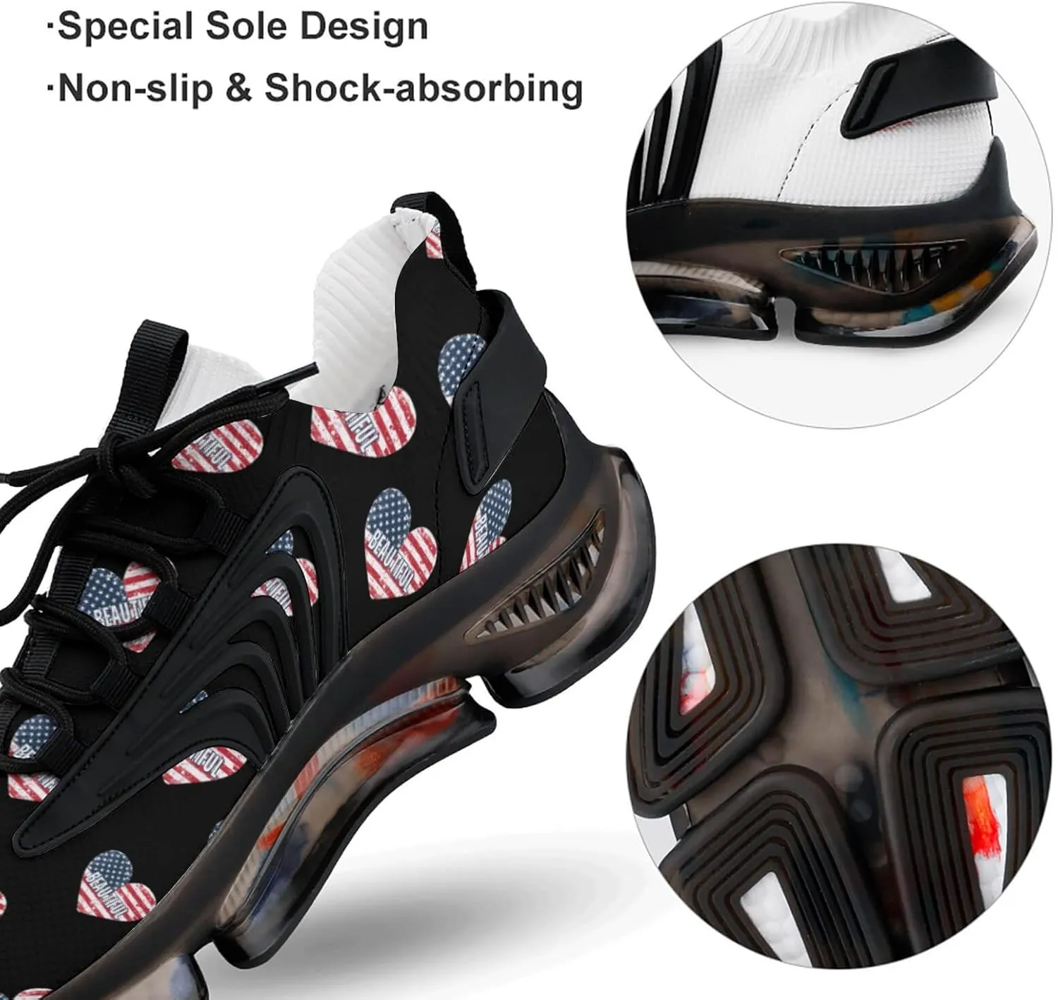 Beautiful American Heart Flag Men's Running Shoes Lightweight Walking Shoe Breathable Sneaker
