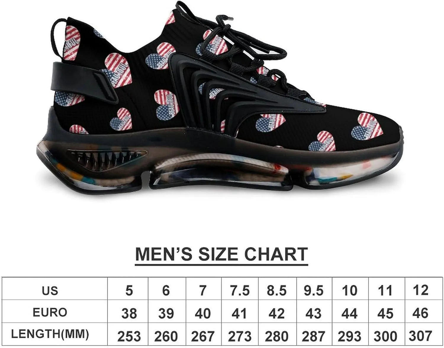 Beautiful American Heart Flag Men's Running Shoes Lightweight Walking Shoe Breathable Sneaker