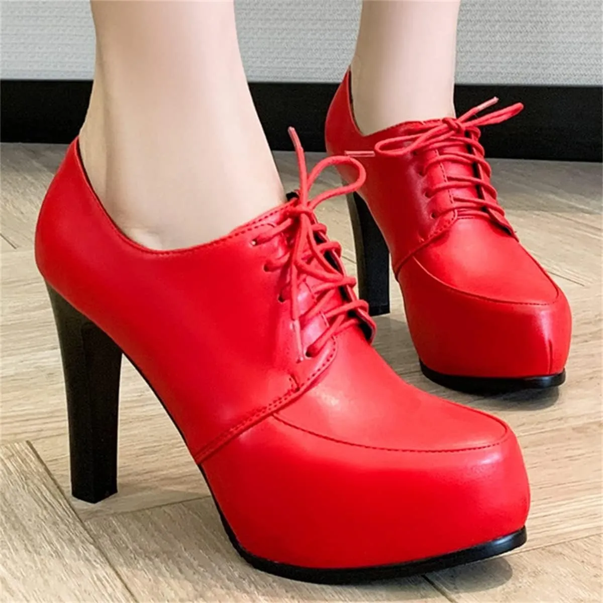 Betastella Women's Chunky Platform Ankle Boots High Heel Booties Lace Up Pumps