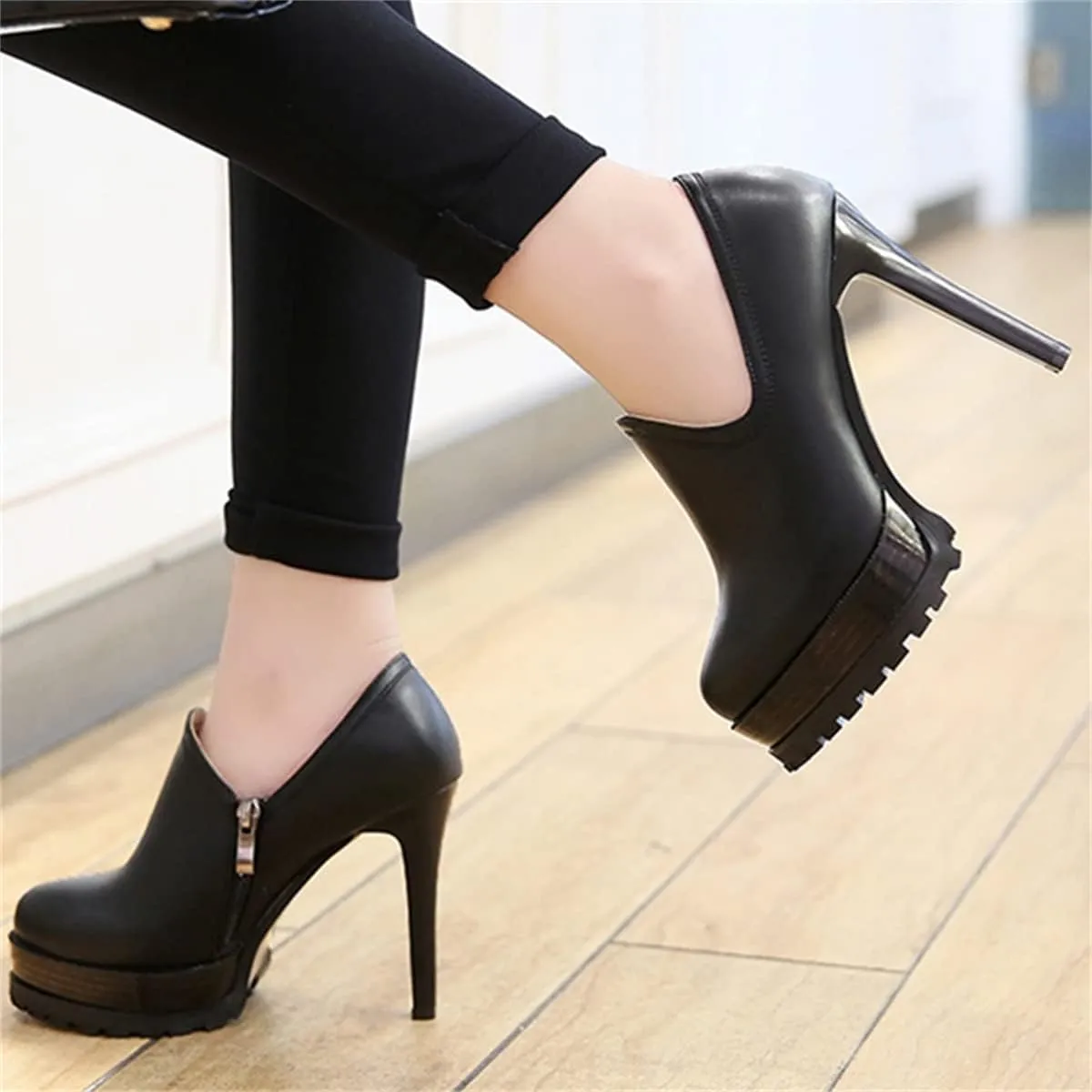 Betastella Women's Stiletto Platform Ankle Booties High Heel Pumps With Side Zip