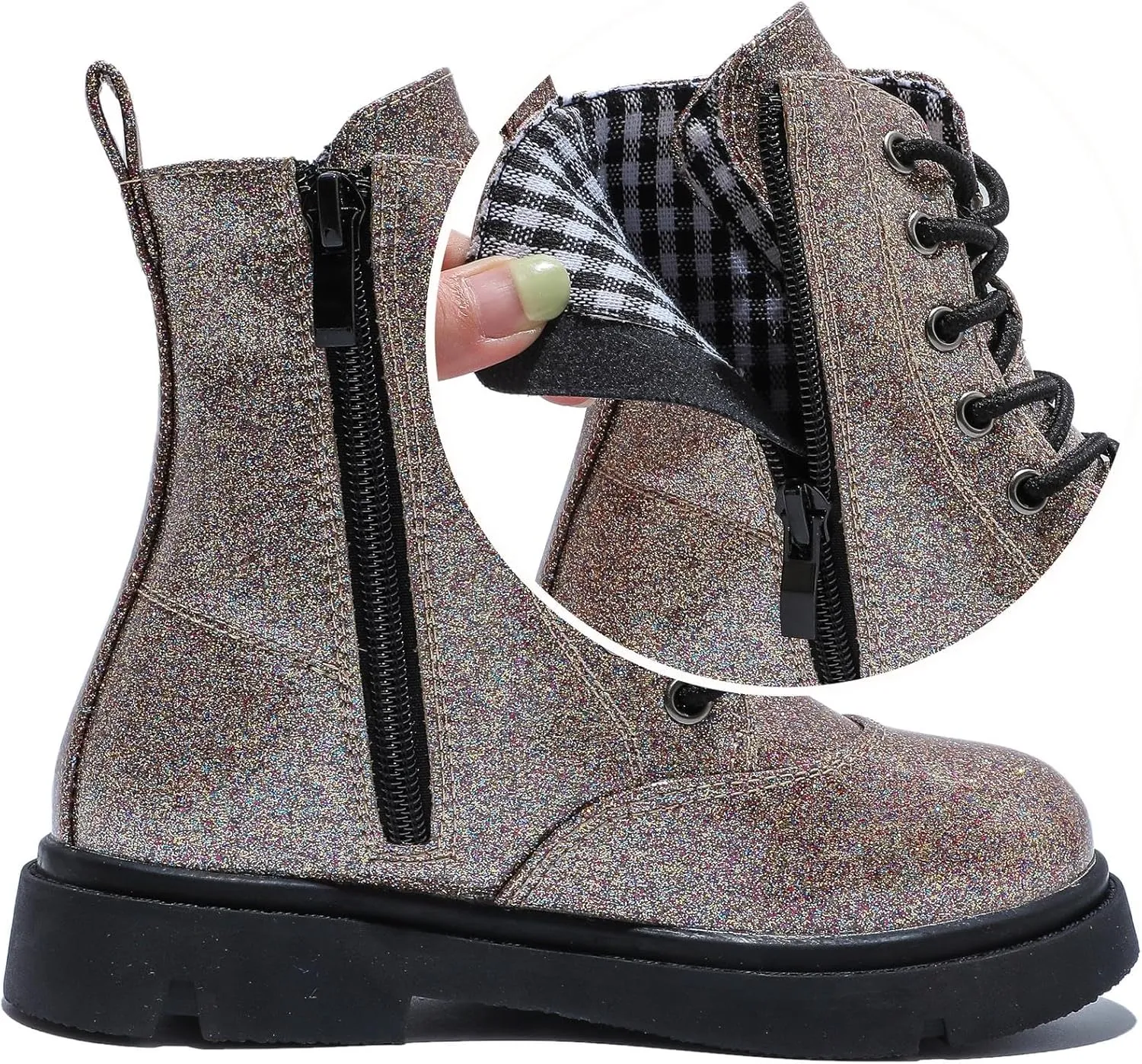 Boys Girls Lace-Up Mid Calf Combat Boots Hiking Boots Side Zipper Waterproof Riding Boots
