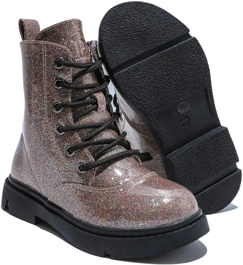 Boys Girls Lace-Up Mid Calf Combat Boots Hiking Boots Side Zipper Waterproof Riding Boots