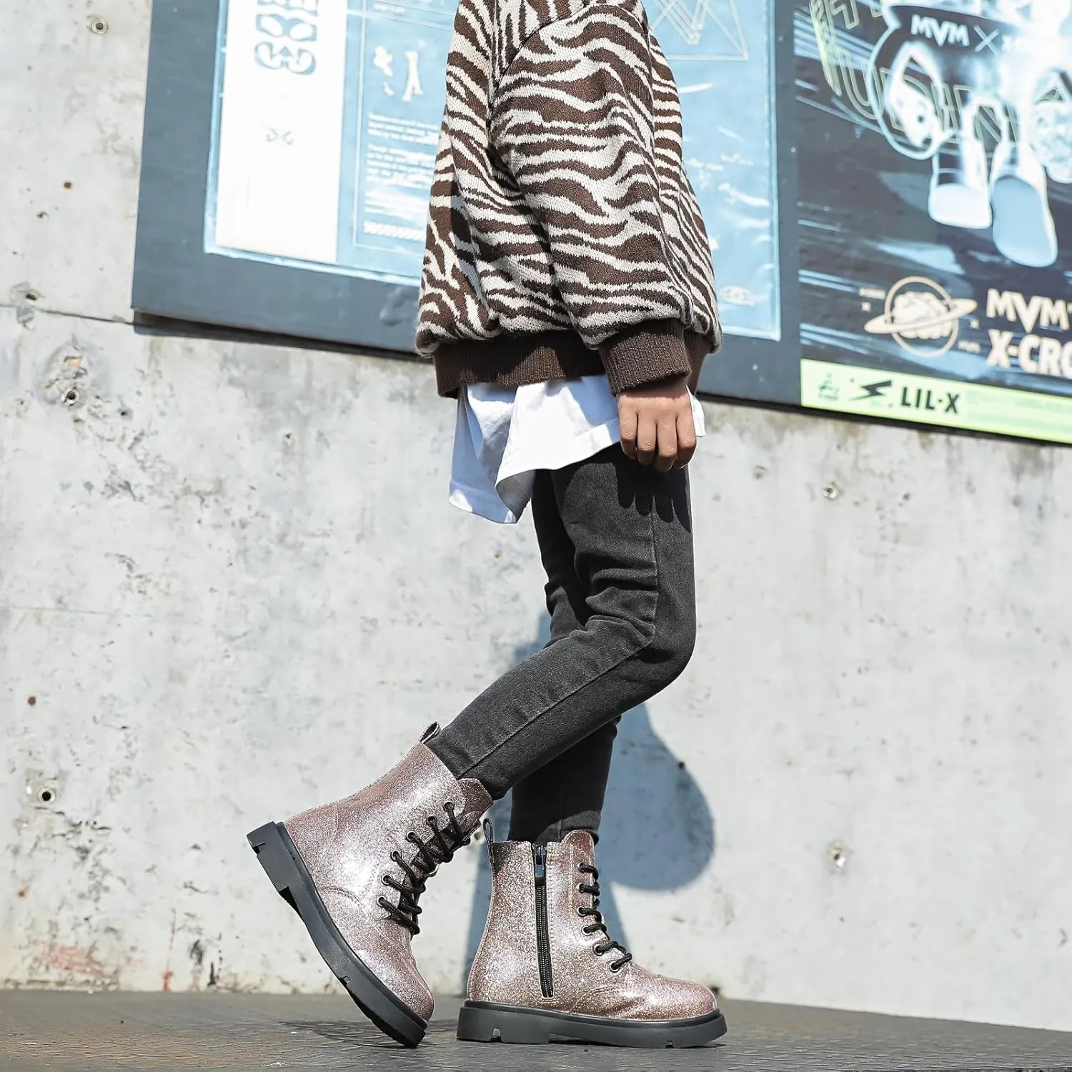 Boys Girls Lace-Up Mid Calf Combat Boots Hiking Boots Side Zipper Waterproof Riding Boots