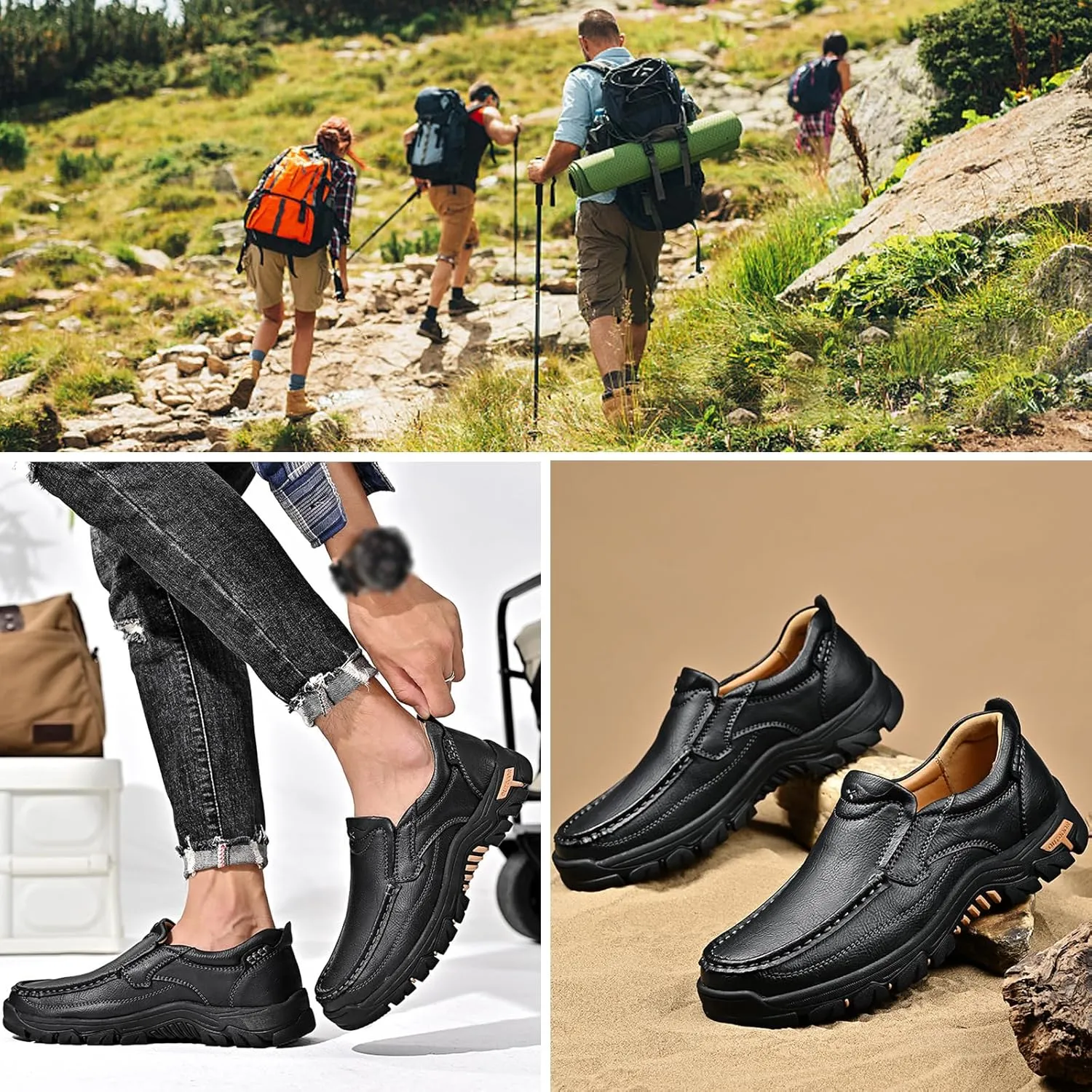 bumuam Men's Waterproof Leather Shoes, Slip On Hiking Boots, Outdoor Walking Casual Sneakers, Comfortable Orthopedic Loafers for Trailing Camping Backpacking