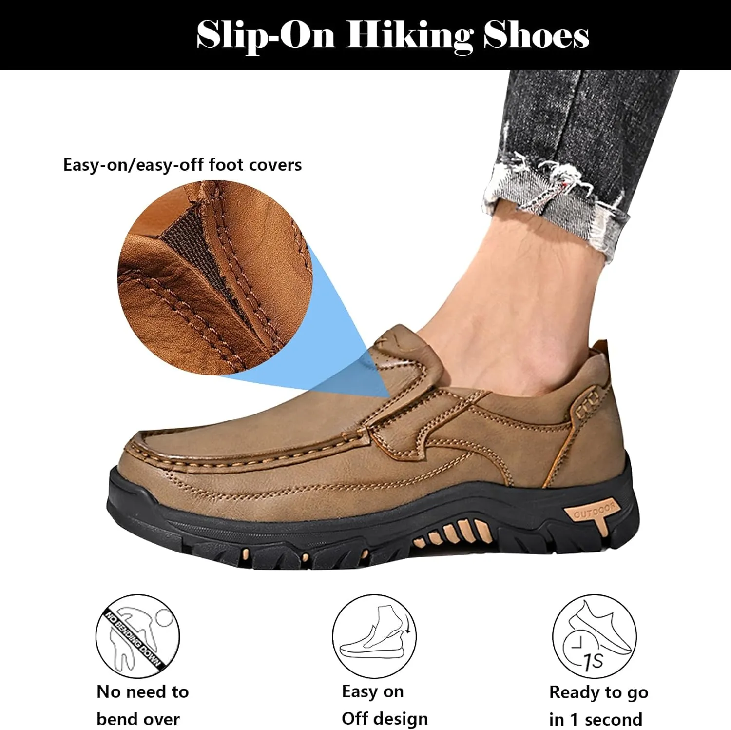 bumuam Men's Waterproof Leather Shoes, Slip On Hiking Boots, Outdoor Walking Casual Sneakers, Comfortable Orthopedic Loafers for Trailing Camping Backpacking