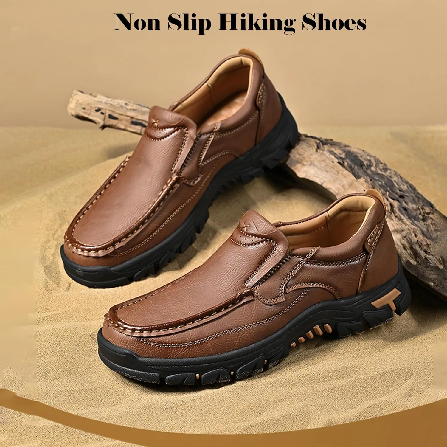 bumuam Men's Waterproof Leather Shoes, Slip On Hiking Boots, Outdoor Walking Casual Sneakers, Comfortable Orthopedic Loafers for Trailing Camping Backpacking