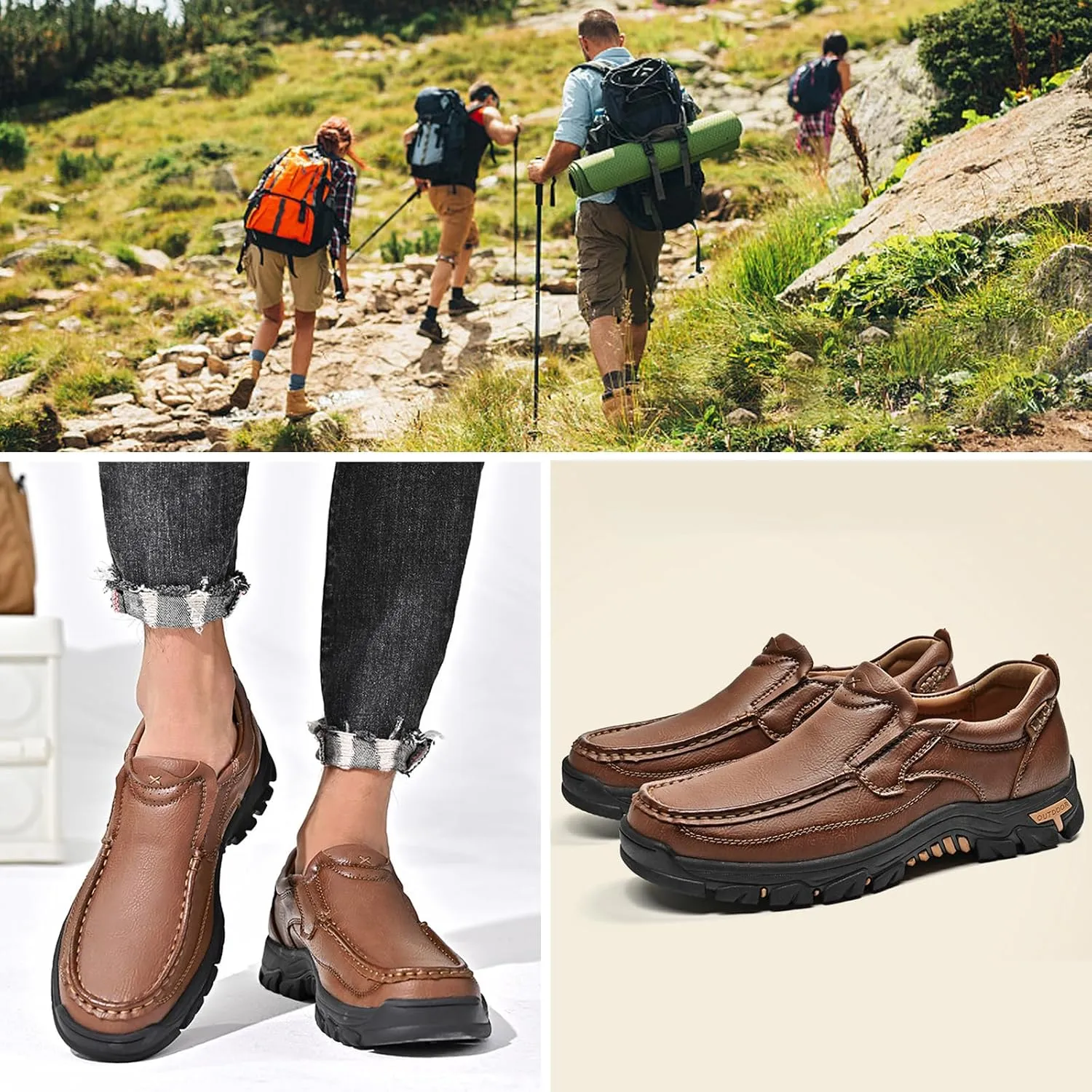 bumuam Men's Waterproof Leather Shoes, Slip On Hiking Boots, Outdoor Walking Casual Sneakers, Comfortable Orthopedic Loafers for Trailing Camping Backpacking