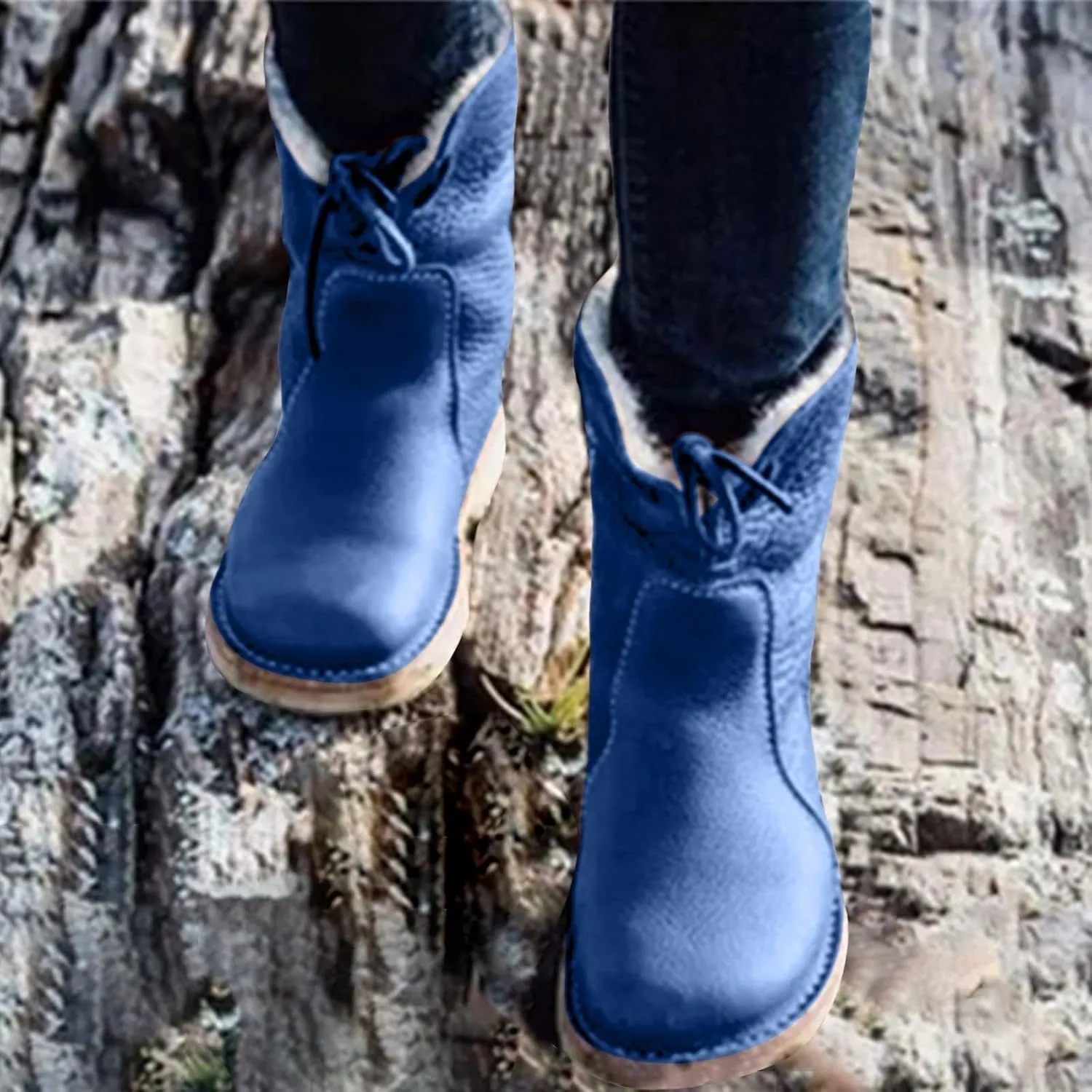 Christmas Mid Calf Boots for Women Warm Fur Winter Snow Boots Wide Calf Lace Up Boots Anti-slip Outdoor Walking shoes