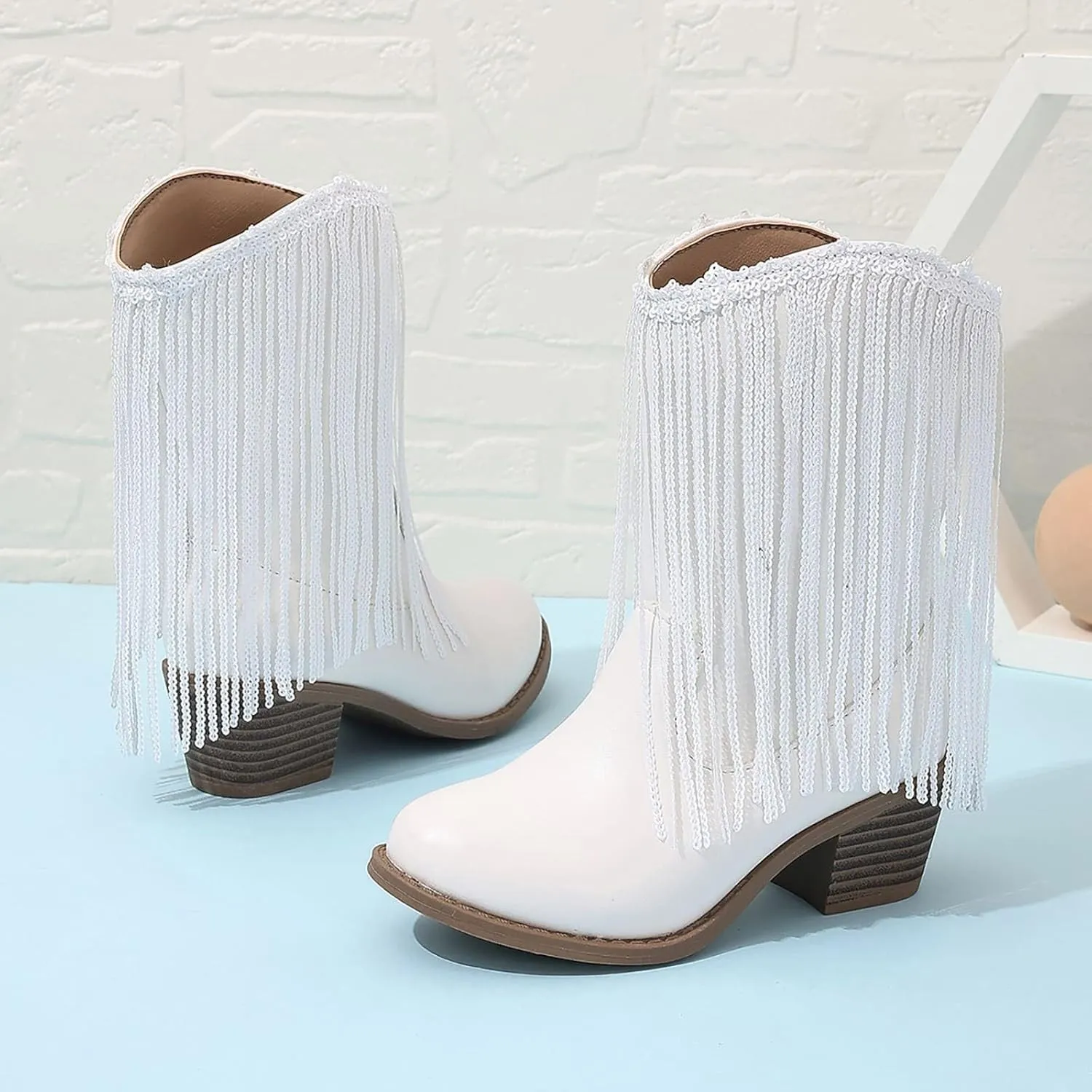Cowgirl Boots for Girls Western Cowboy Boots Mid Calf Riding Shoes Glitter Fringe Mid Calf Boots with Block Low Heels