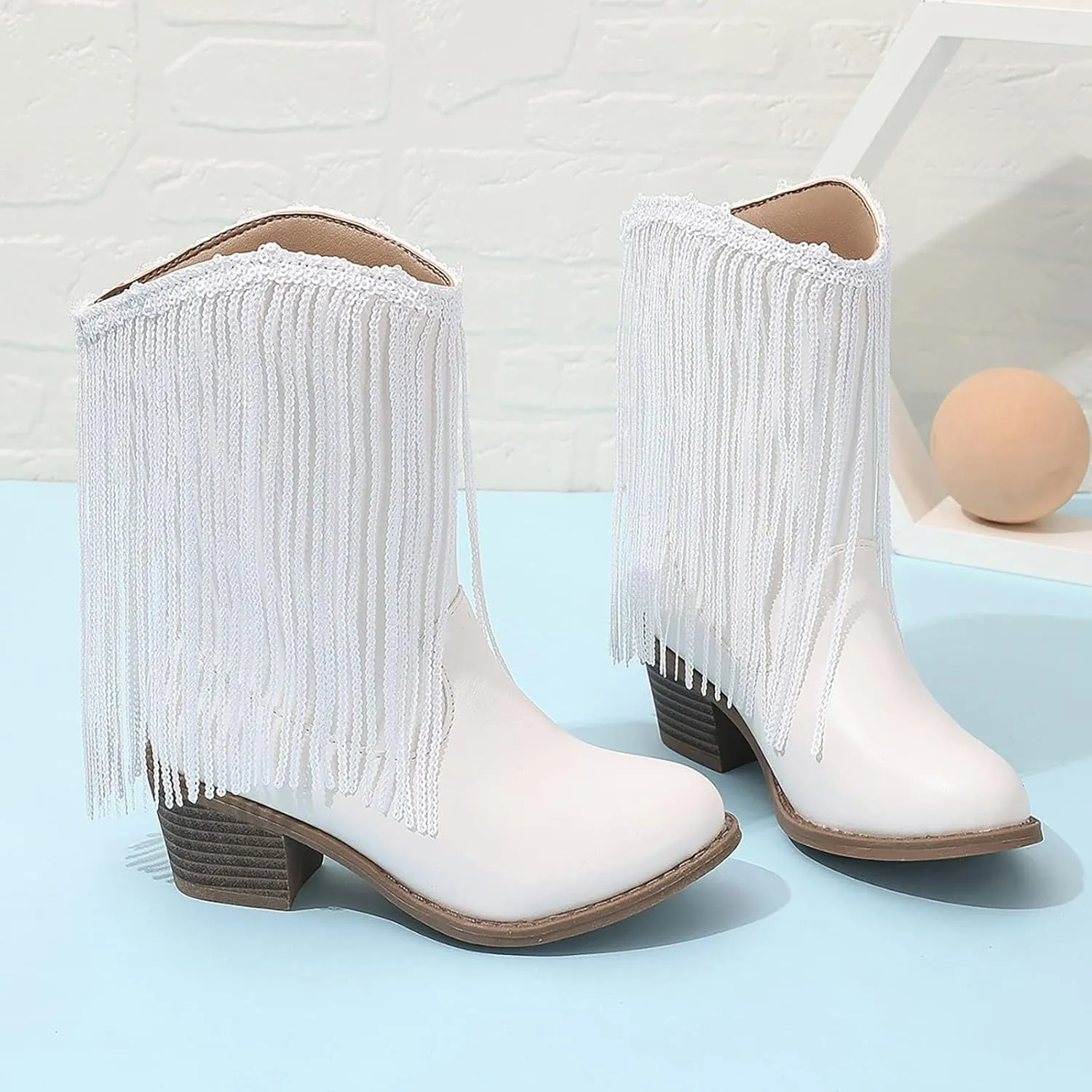 Cowgirl Boots for Girls Western Cowboy Boots Mid Calf Riding Shoes Glitter Fringe Mid Calf Boots with Block Low Heels