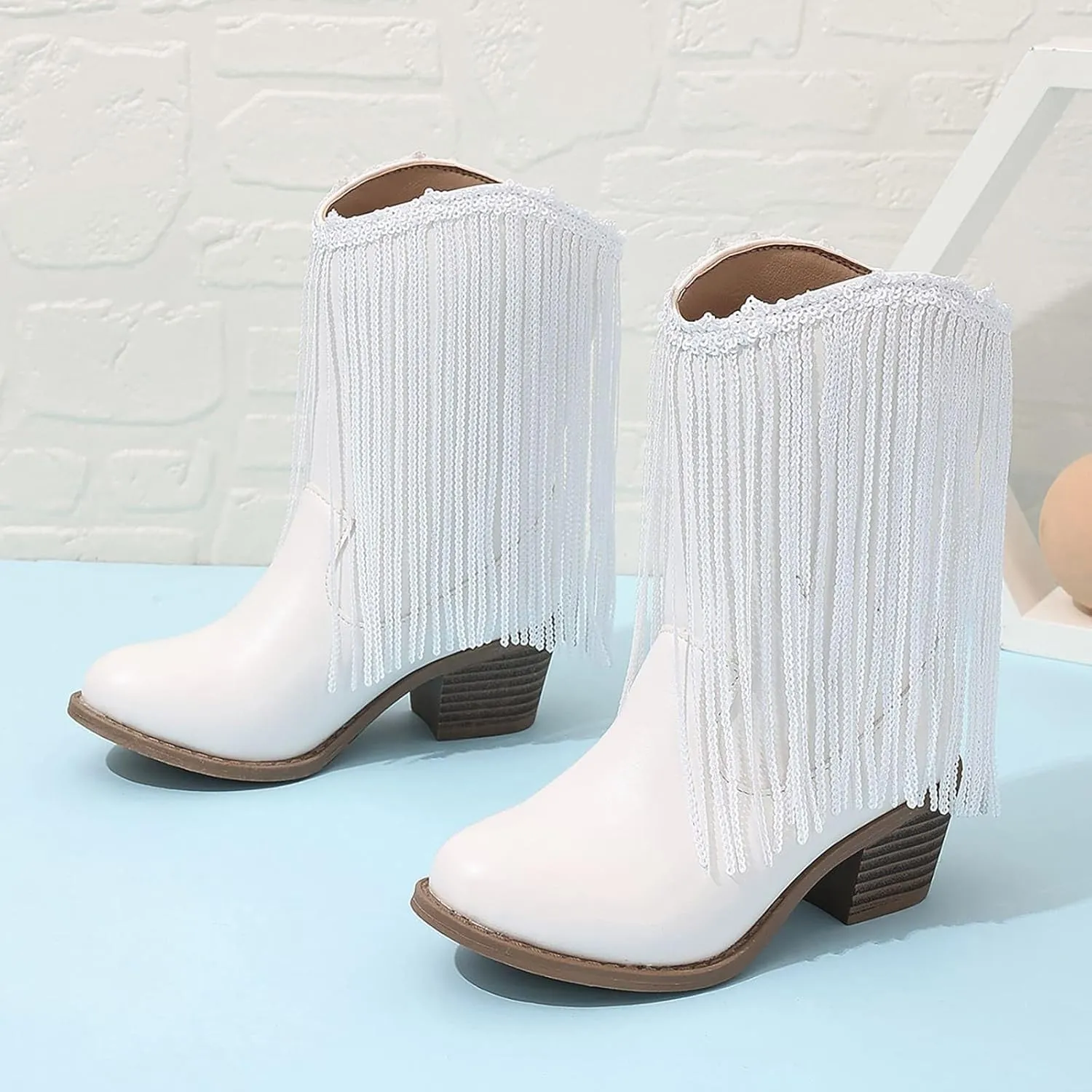 Cowgirl Boots for Girls Western Cowboy Boots Mid Calf Riding Shoes Glitter Fringe Mid Calf Boots with Block Low Heels