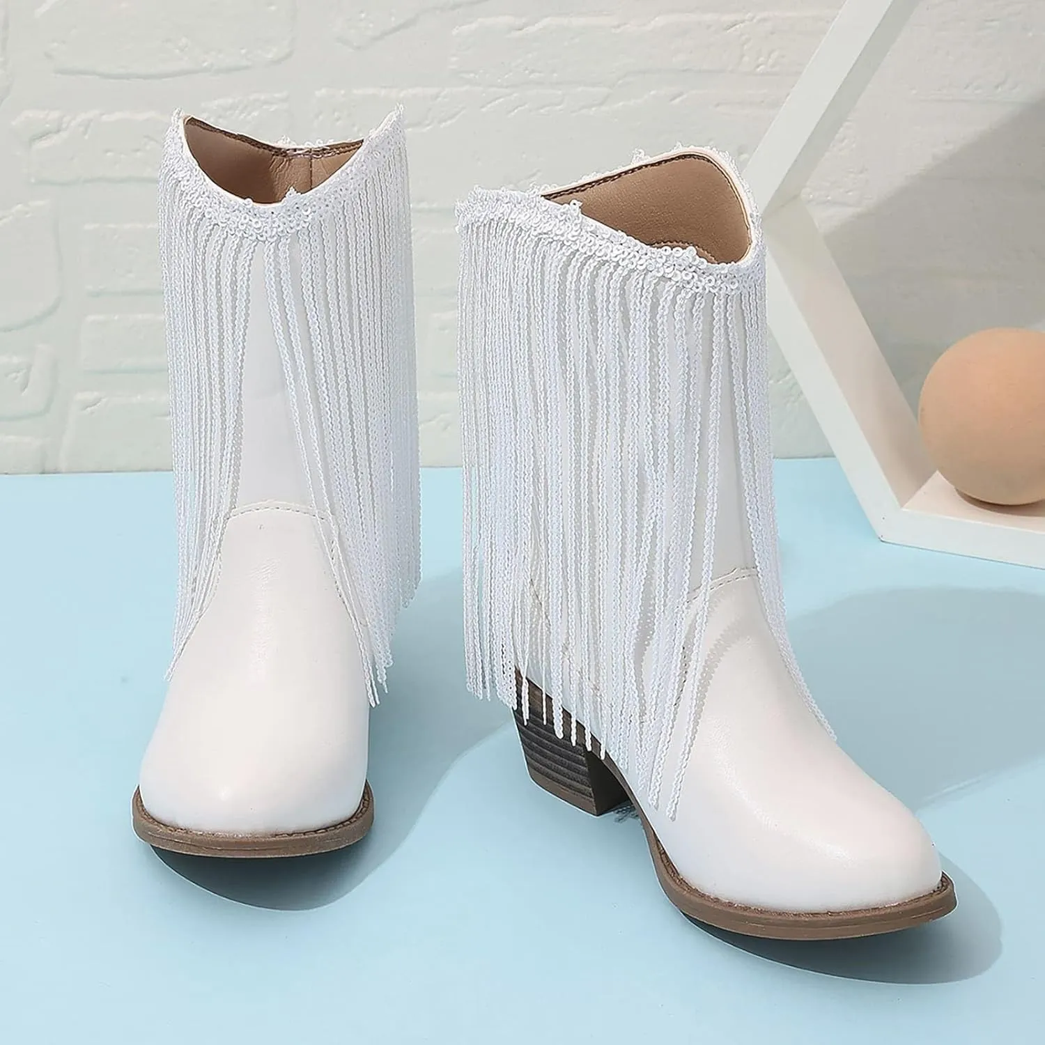 Cowgirl Boots for Girls Western Cowboy Boots Mid Calf Riding Shoes Glitter Fringe Mid Calf Boots with Block Low Heels