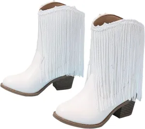 Cowgirl Boots for Girls Western Cowboy Boots Mid Calf Riding Shoes Glitter Fringe Mid Calf Boots with Block Low Heels