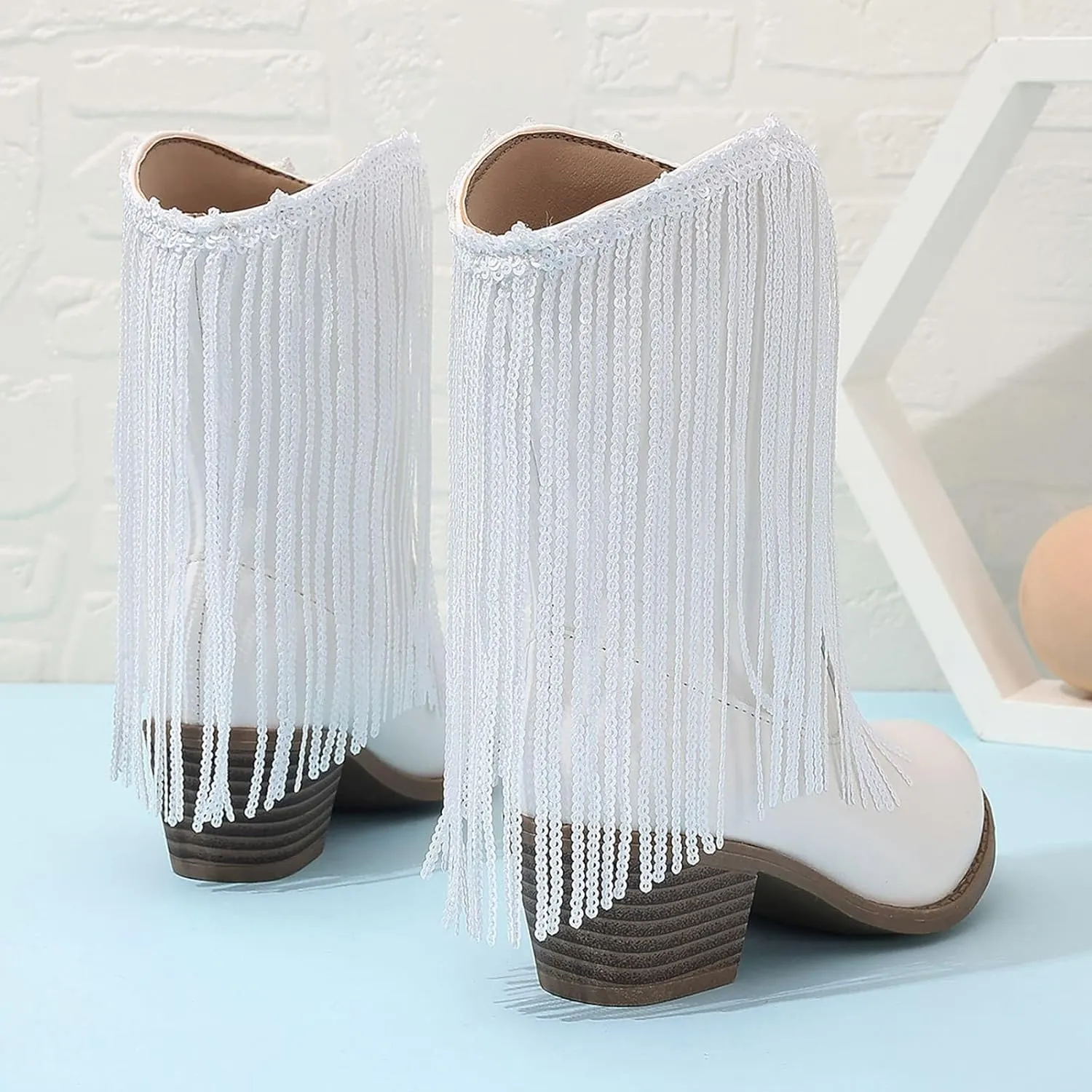 Cowgirl Boots for Girls Western Cowboy Boots Mid Calf Riding Shoes Glitter Fringe Mid Calf Boots with Block Low Heels