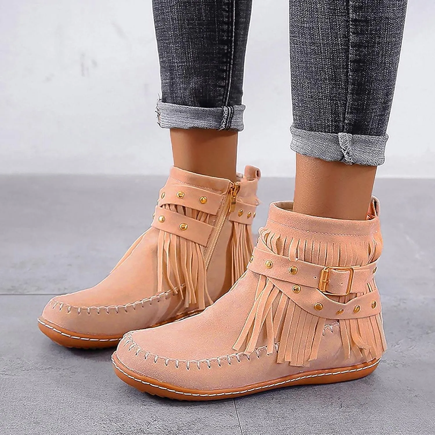 Ctreela Vintage Western Fringe Flats Comfy Winter Flat Boots Retro Ankle Length Cowboy Cowgirl Boot Shoes Loafers for Women