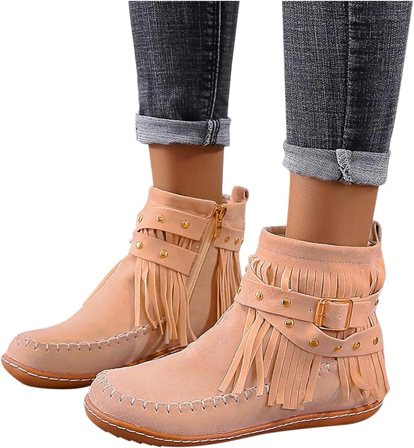 Ctreela Vintage Western Fringe Flats Comfy Winter Flat Boots Retro Ankle Length Cowboy Cowgirl Boot Shoes Loafers for Women