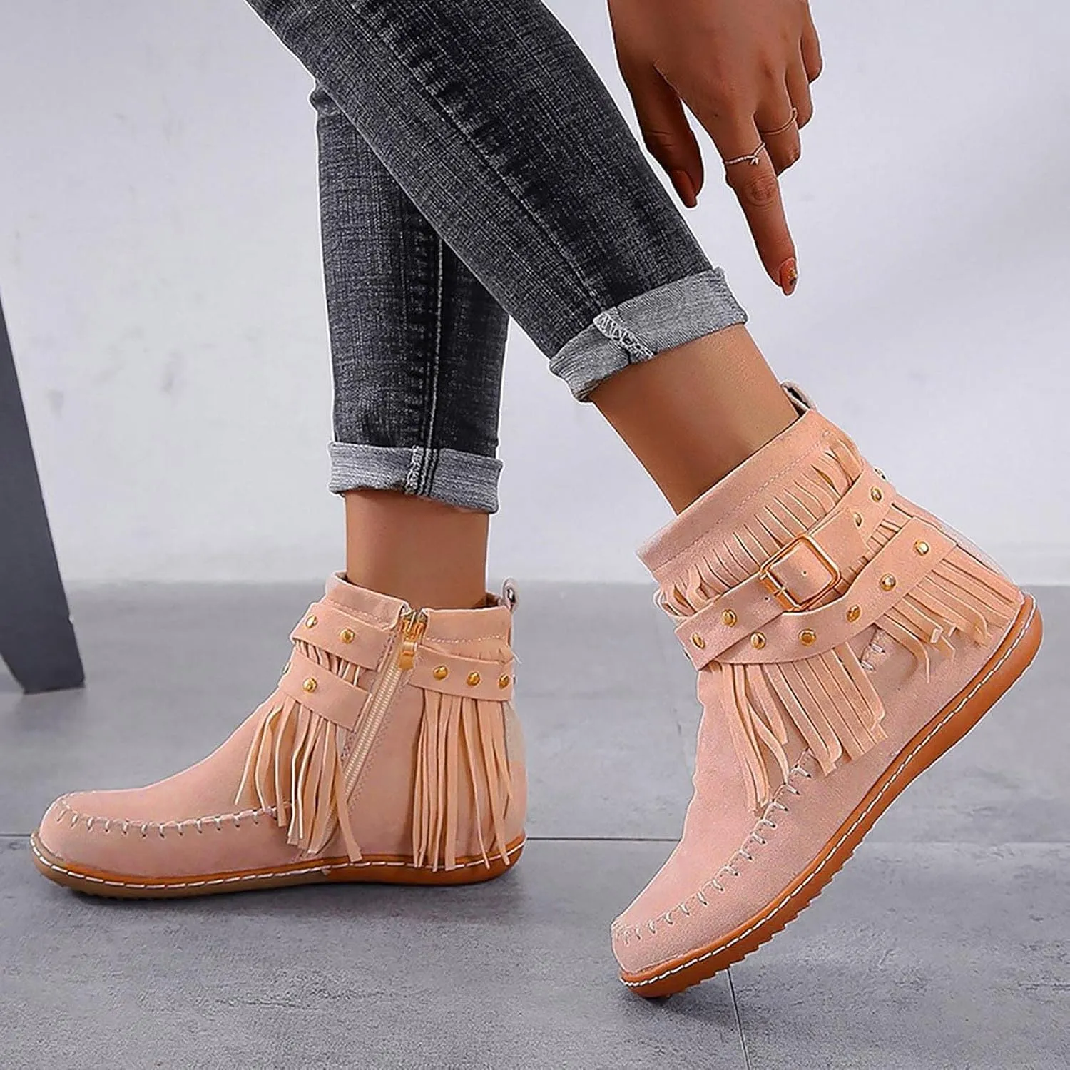 Ctreela Vintage Western Fringe Flats Comfy Winter Flat Boots Retro Ankle Length Cowboy Cowgirl Boot Shoes Loafers for Women