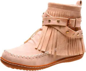 Ctreela Vintage Western Fringe Flats Comfy Winter Flat Boots Retro Ankle Length Cowboy Cowgirl Boot Shoes Loafers for Women
