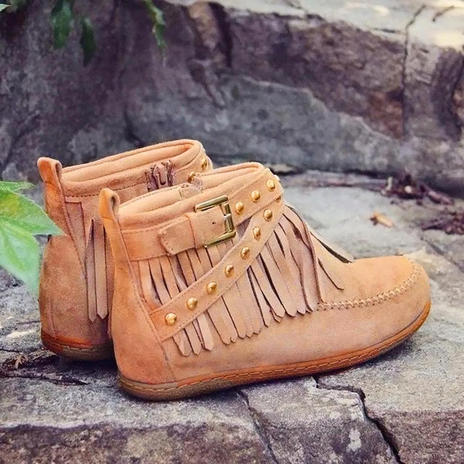 Ctreela Vintage Western Fringe Flats Comfy Winter Flat Boots Retro Ankle Length Cowboy Cowgirl Boot Shoes Loafers for Women
