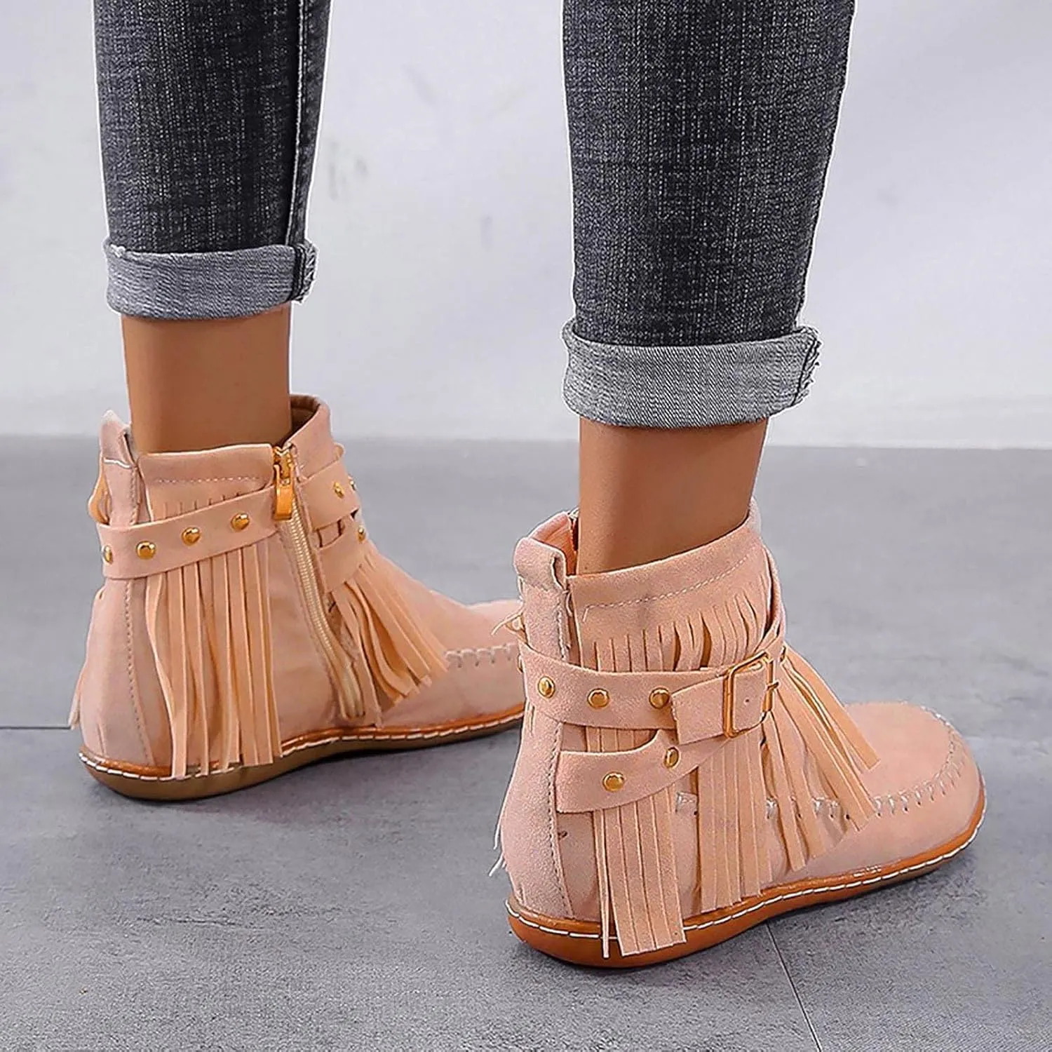 Ctreela Vintage Western Fringe Flats Comfy Winter Flat Boots Retro Ankle Length Cowboy Cowgirl Boot Shoes Loafers for Women