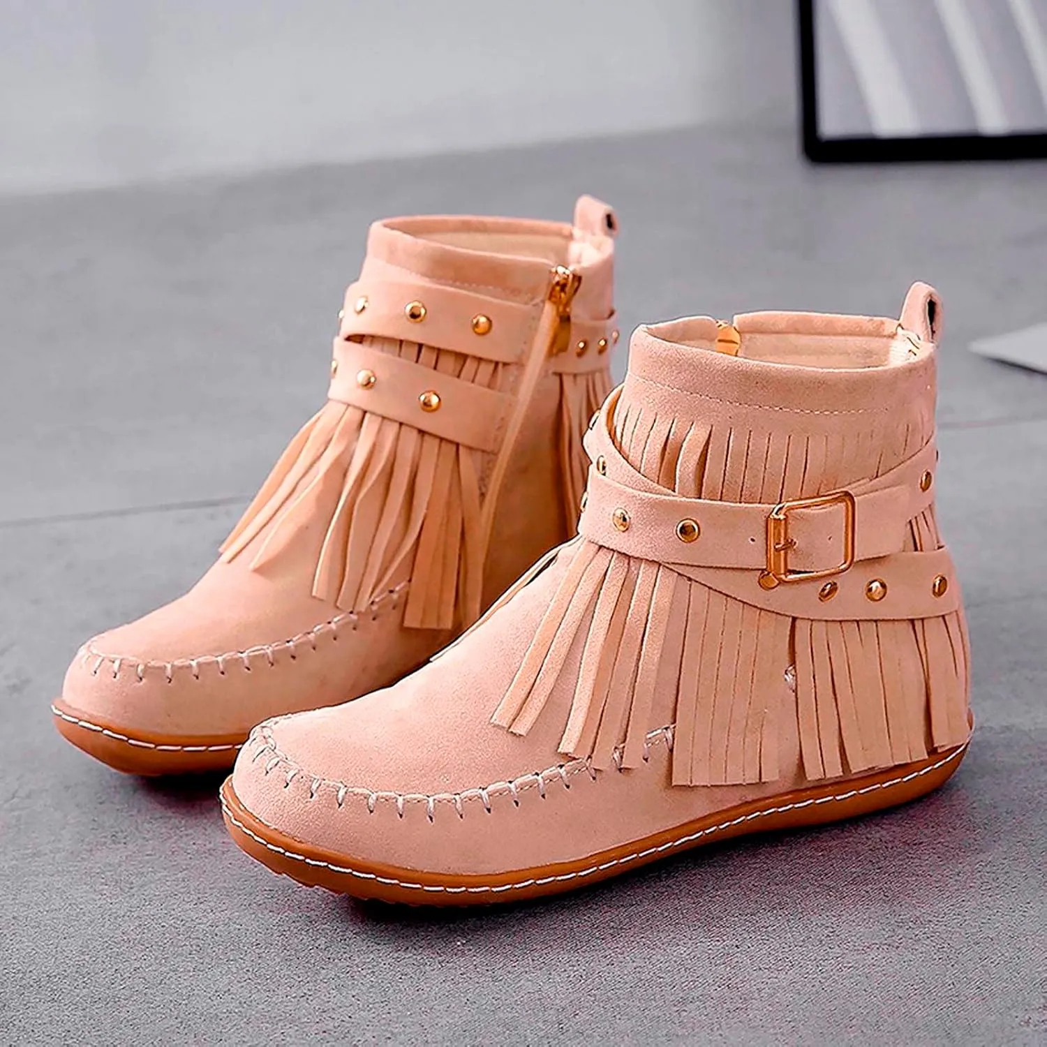 Ctreela Vintage Western Fringe Flats Comfy Winter Flat Boots Retro Ankle Length Cowboy Cowgirl Boot Shoes Loafers for Women