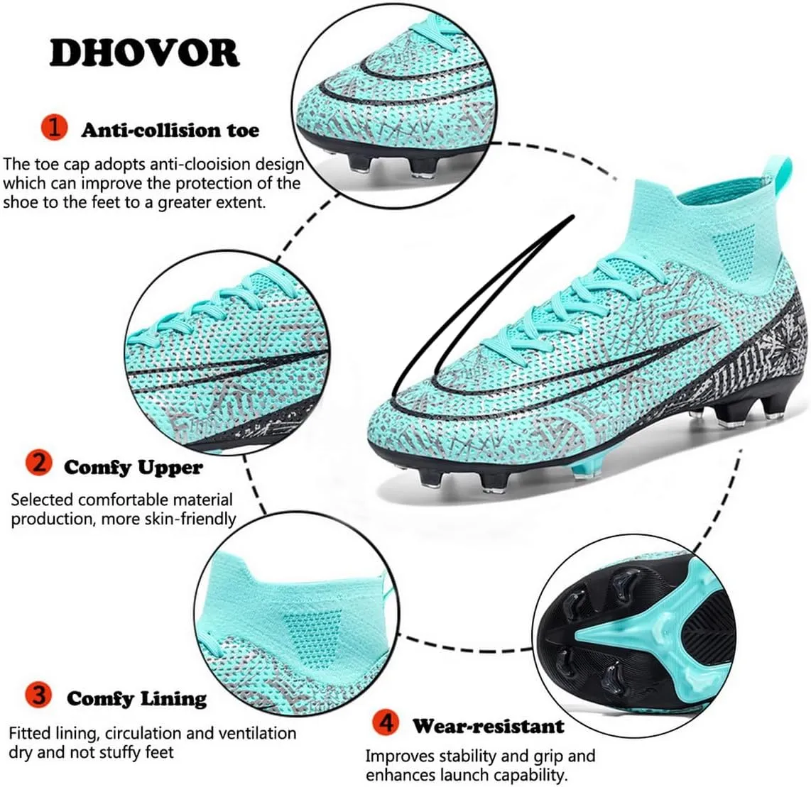 DHOVOR Womens High-Top Soccer Cleats Youth Football Cleats Athletics Football Trainers Girls Outdoor Soccer Shoes