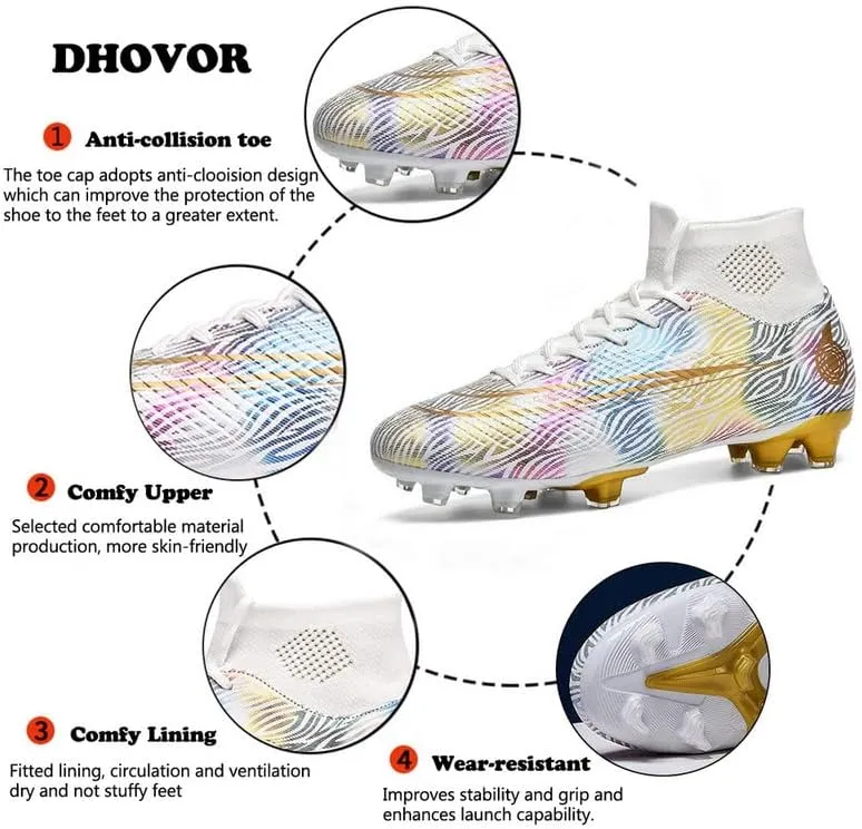 DHOVOR Womens Mens Soccer Cleats Youth High-Top Football Cleats Anti-Slip Athletics Football Trainers Outdoor Soccer Shoes
