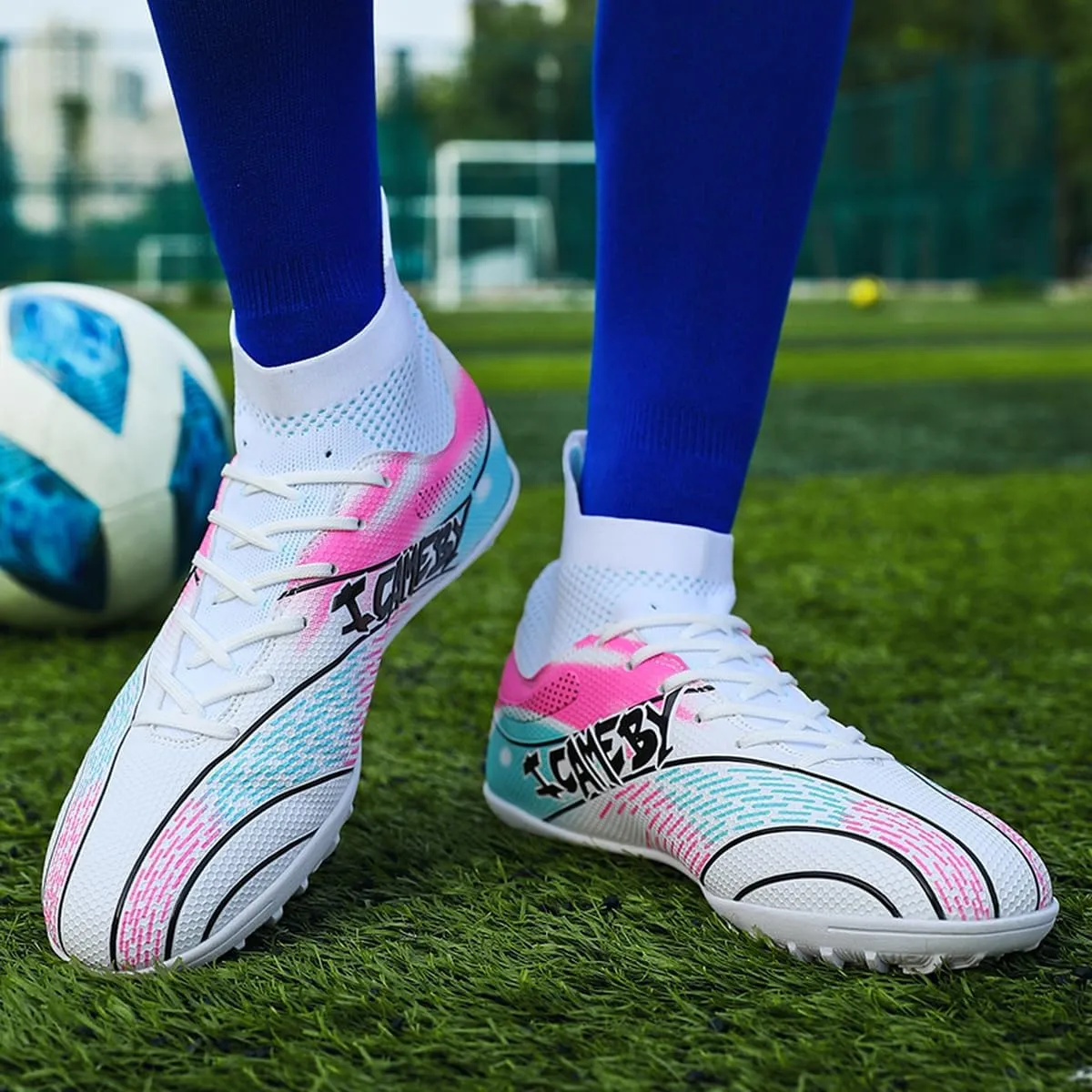 DHOVOR Womens Soccer Cleats Youth High-Top Football Cleats Anti-Slip Athletics Football Trainers Girls Indoor Soccer Shoes