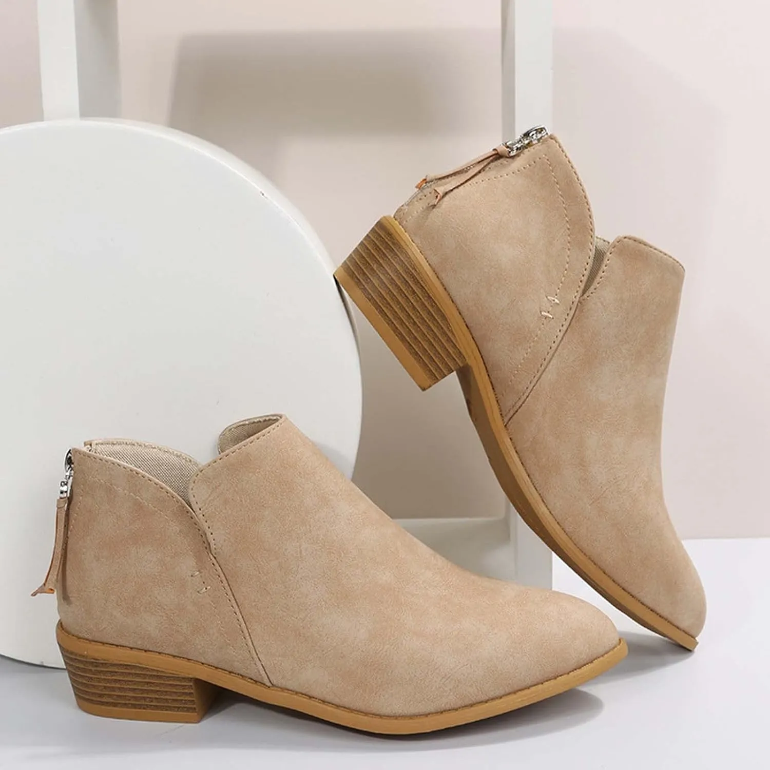 Fashion Boots for Women Chunky Heel Pointed Toe V Cutout Back Zipper Block Low Heel Ankle Booties Fall Solid Casual Comfy Outdoor Ladies Shoes