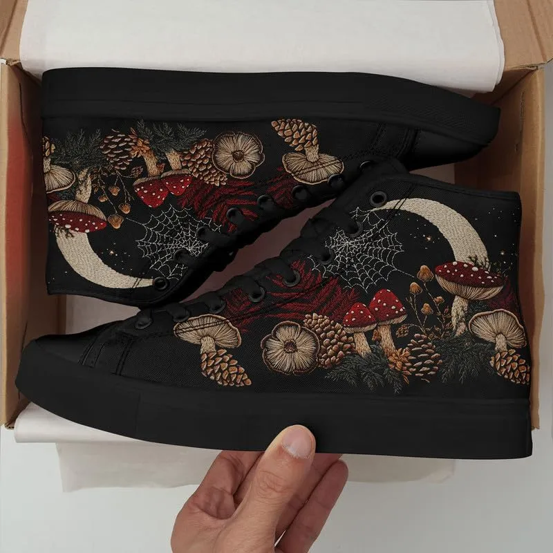 Fashion Women High-Top Canvas Shoes Men's Print Mushroom Floral Plant Lace-up Flat Stylish Gift Sneaker Couple Shoes