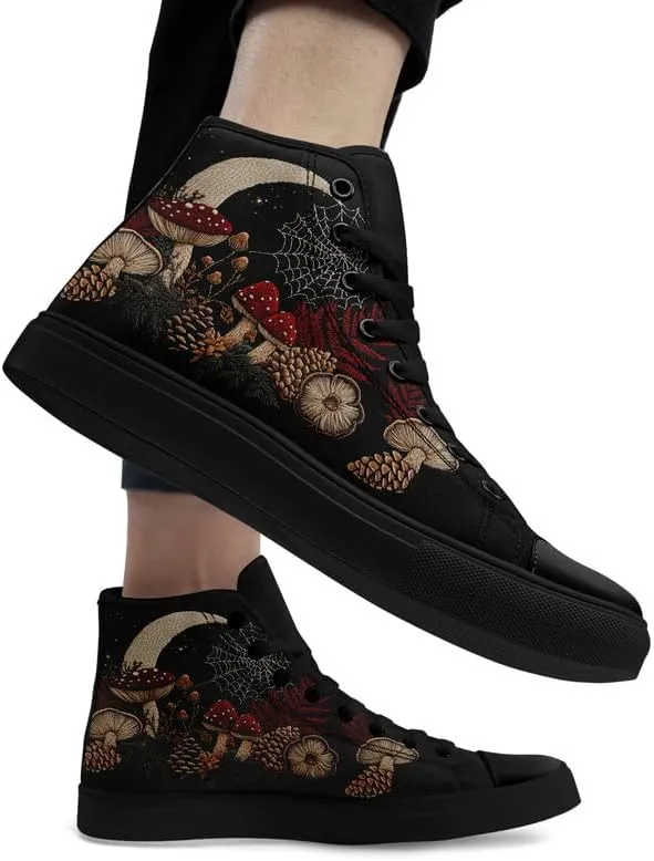 Fashion Women High-Top Canvas Shoes Men's Print Mushroom Floral Plant Lace-up Flat Stylish Gift Sneaker Couple Shoes