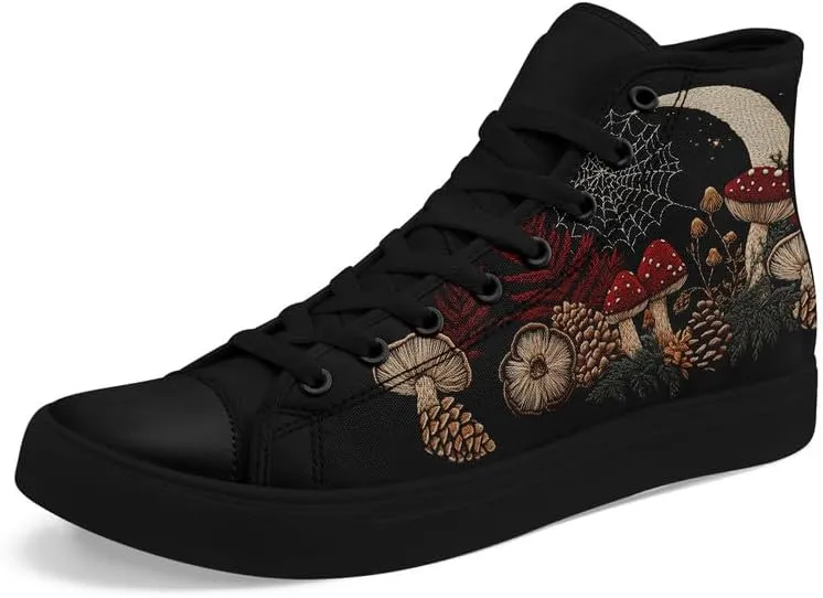 Fashion Women High-Top Canvas Shoes Men's Print Mushroom Floral Plant Lace-up Flat Stylish Gift Sneaker Couple Shoes